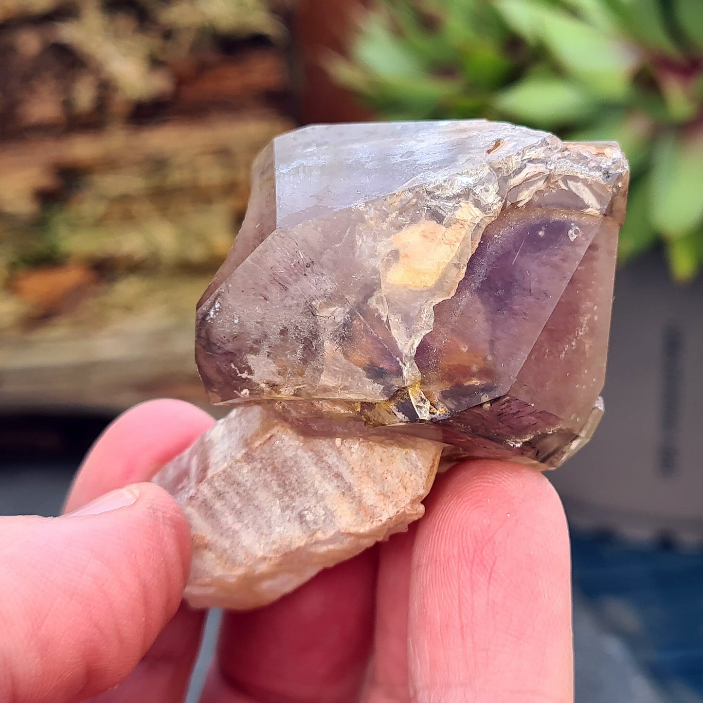 Smoky Amethyst Sceptre. This sceptre has a top growth of Smoky Amethyst that has naturally formed around a central Quartz "rod.