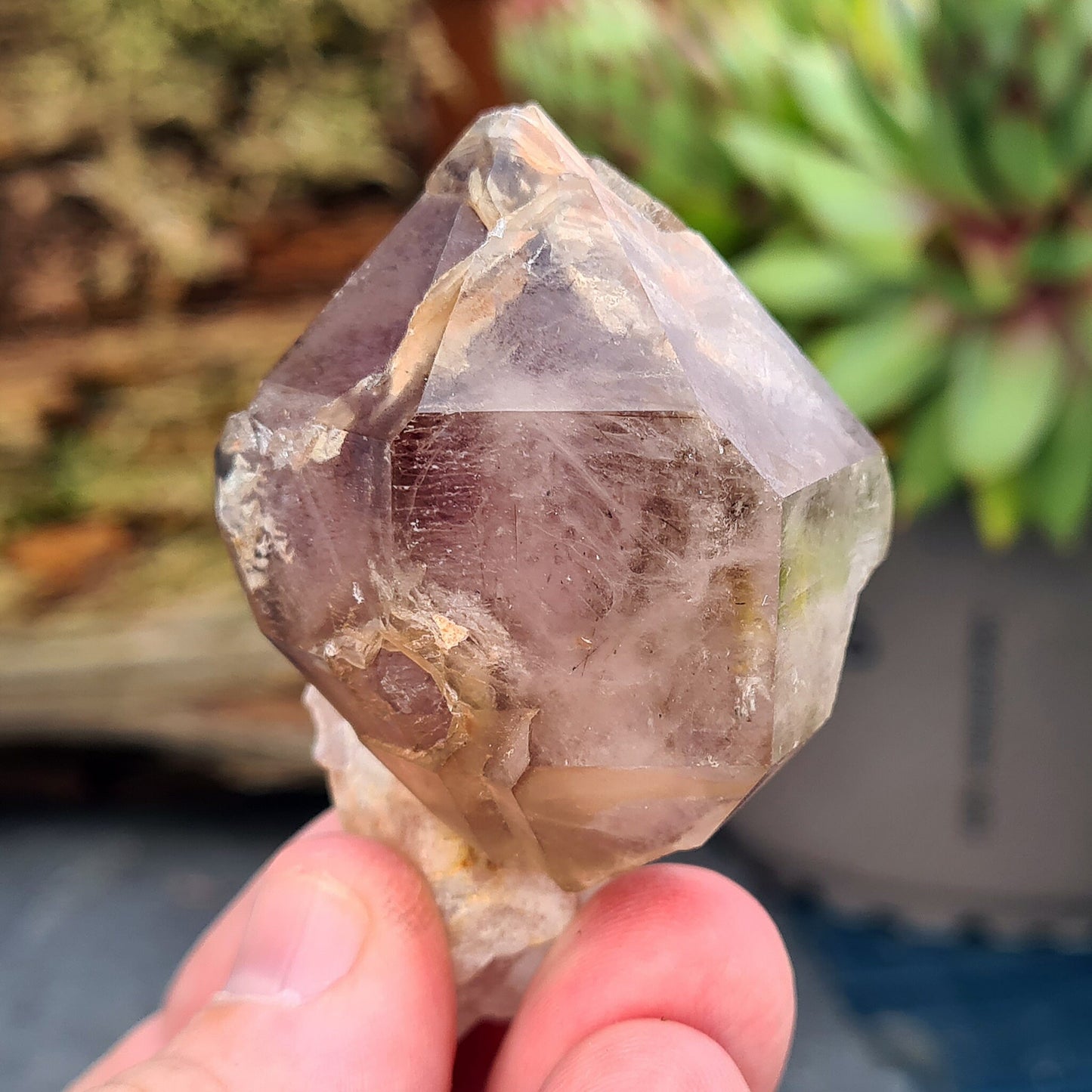 Smoky Amethyst Sceptre. This sceptre has a top growth of Smoky Amethyst that has naturally formed around a central Quartz "rod.