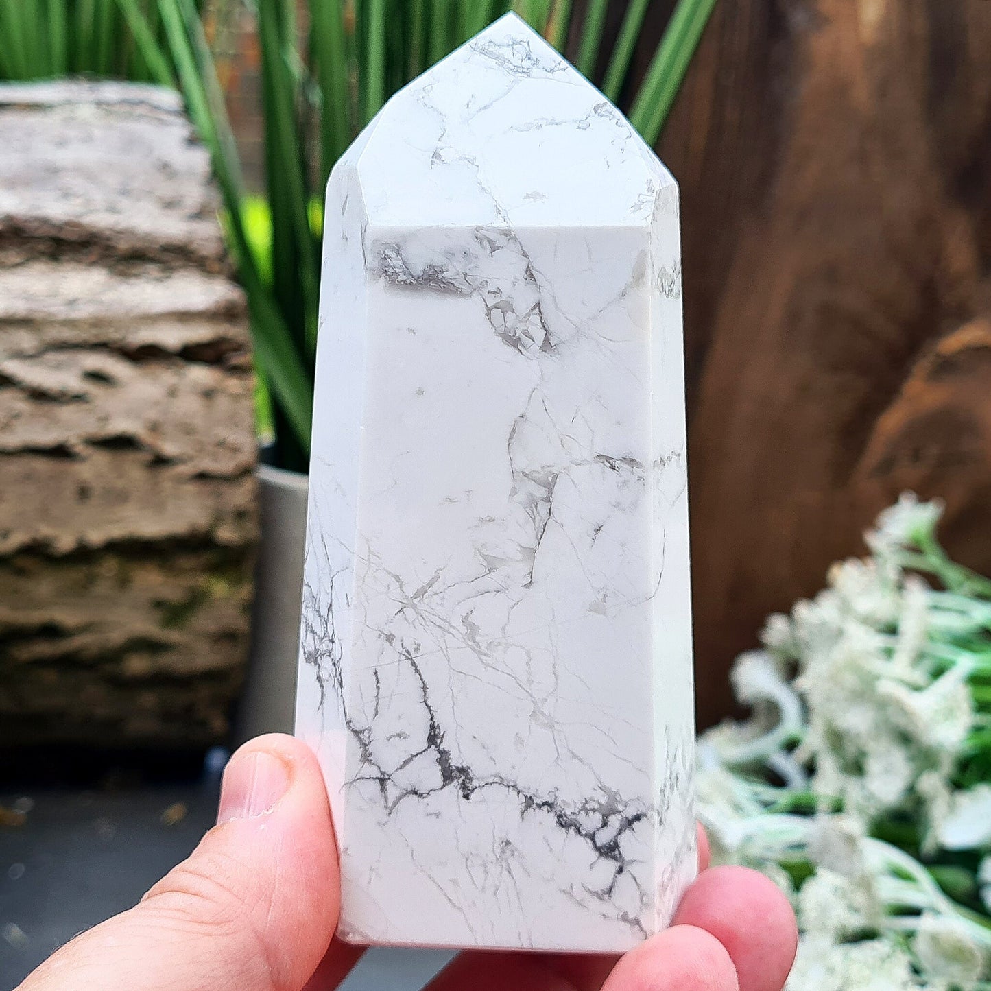 Polished Howlite Crystal Point from Brazil. A calming crystal for patience, focus and peace. Ideal for meditation, study and spiritual work.