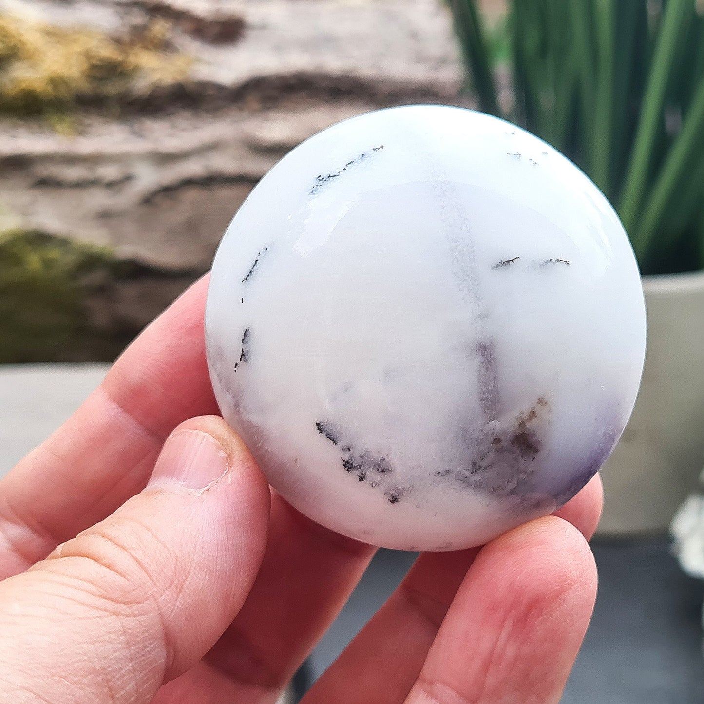 Merlinite Crystal from Madagascar. Fabulous, off white, grey and Lavender colouring. Merlinite Crystals are made up of White Opal and dendritic (fern like) inclusions