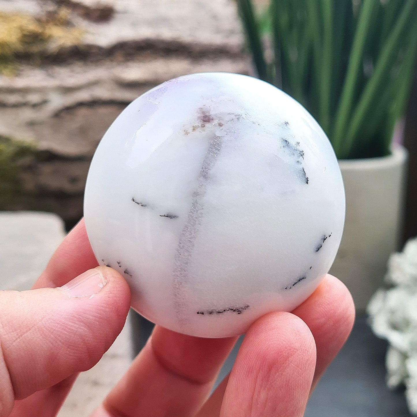Merlinite Crystal from Madagascar. Fabulous, off white, grey and Lavender colouring. Merlinite Crystals are made up of White Opal and dendritic (fern like) inclusions