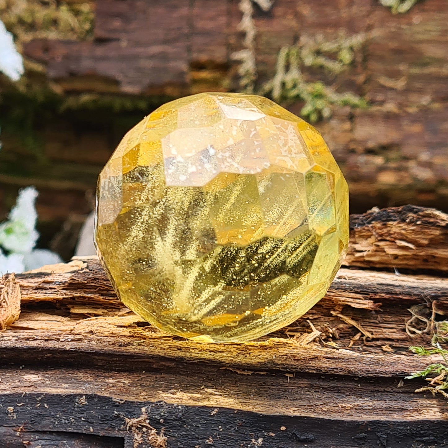 Amber (Copal) Sphere, Faceted Finish, Clear Acrylic Stand Included