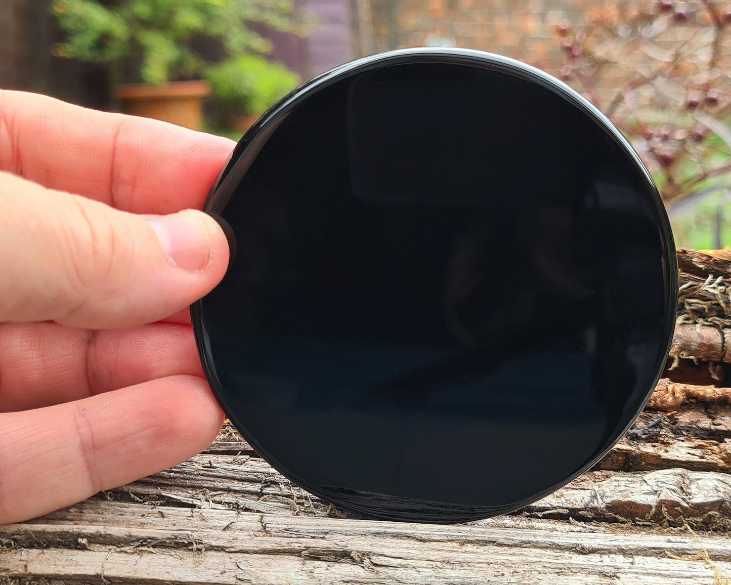 Polished Black Obsidian mirror from Mexico. A striking, high-gloss stone, perfect for reflection, focus, and a unique addition to any collection.