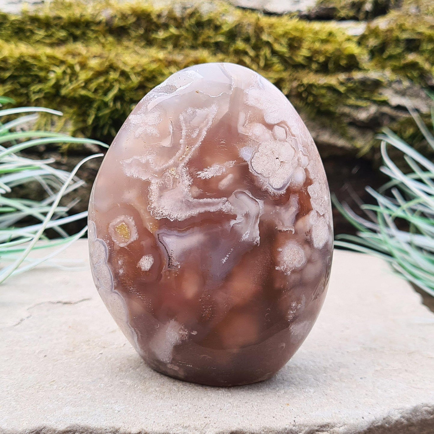 Flower Agate Crystal Free form also called Cherry Blossom Agate or Blossom Agate. A beautiful variety of Pink Chalcedony from Madagascar, featuring distinctive flower-like patterns that resemble blooming blossoms.