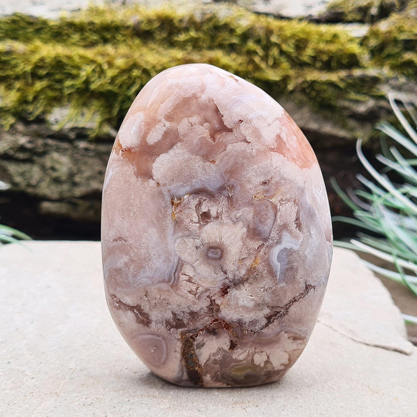 Flower Agate Crystal Free form also called Cherry Blossom Agate or Blossom Agate. A beautiful variety of Pink Chalcedony from Madagascar, featuring distinctive flower-like patterns that resemble blooming blossoms.