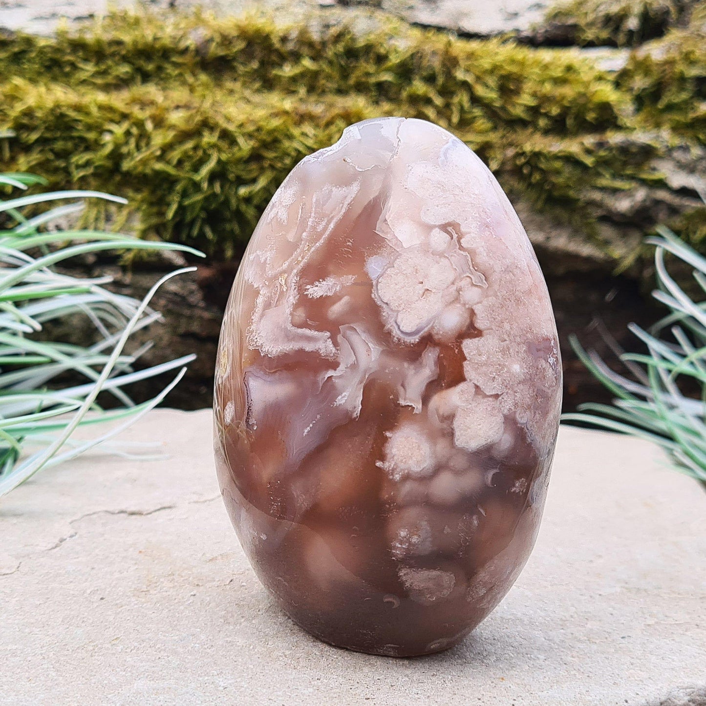Flower Agate Crystal Free form also called Cherry Blossom Agate or Blossom Agate. A beautiful variety of Pink Chalcedony from Madagascar, featuring distinctive flower-like patterns that resemble blooming blossoms.