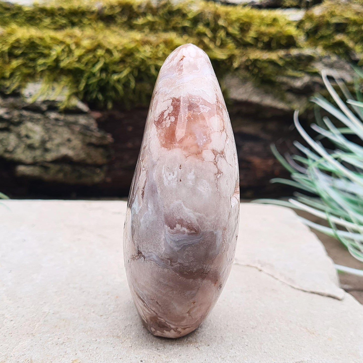 Flower Agate Crystal Free form also called Cherry Blossom Agate or Blossom Agate. A beautiful variety of Pink Chalcedony from Madagascar, featuring distinctive flower-like patterns that resemble blooming blossoms.