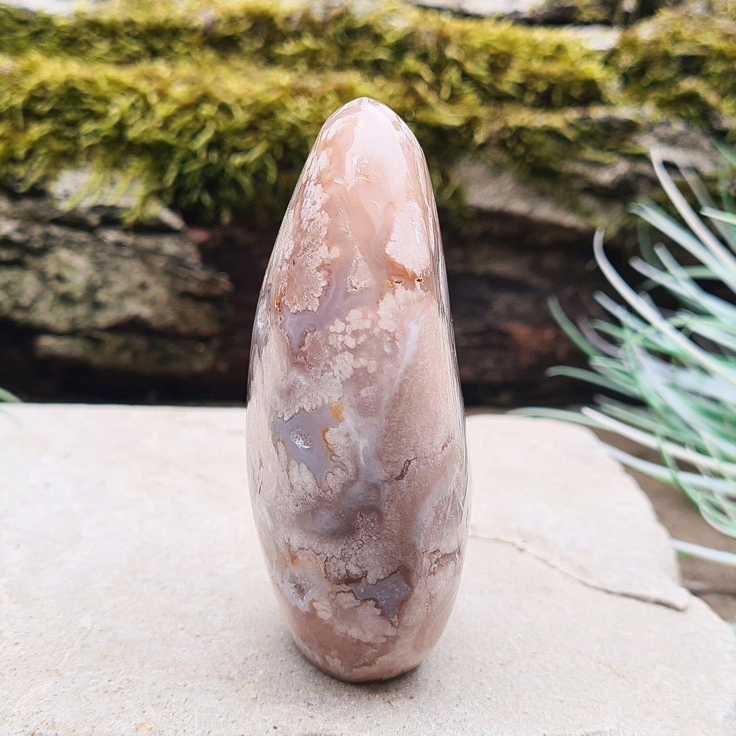 Flower Agate Crystal Free form also called Cherry Blossom Agate or Blossom Agate. A beautiful variety of Pink Chalcedony from Madagascar, featuring distinctive flower-like patterns that resemble blooming blossoms.