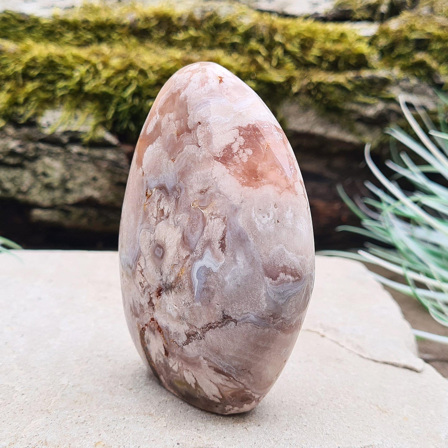 Flower Agate Crystal Free form also called Cherry Blossom Agate or Blossom Agate. A beautiful variety of Pink Chalcedony from Madagascar, featuring distinctive flower-like patterns that resemble blooming blossoms.