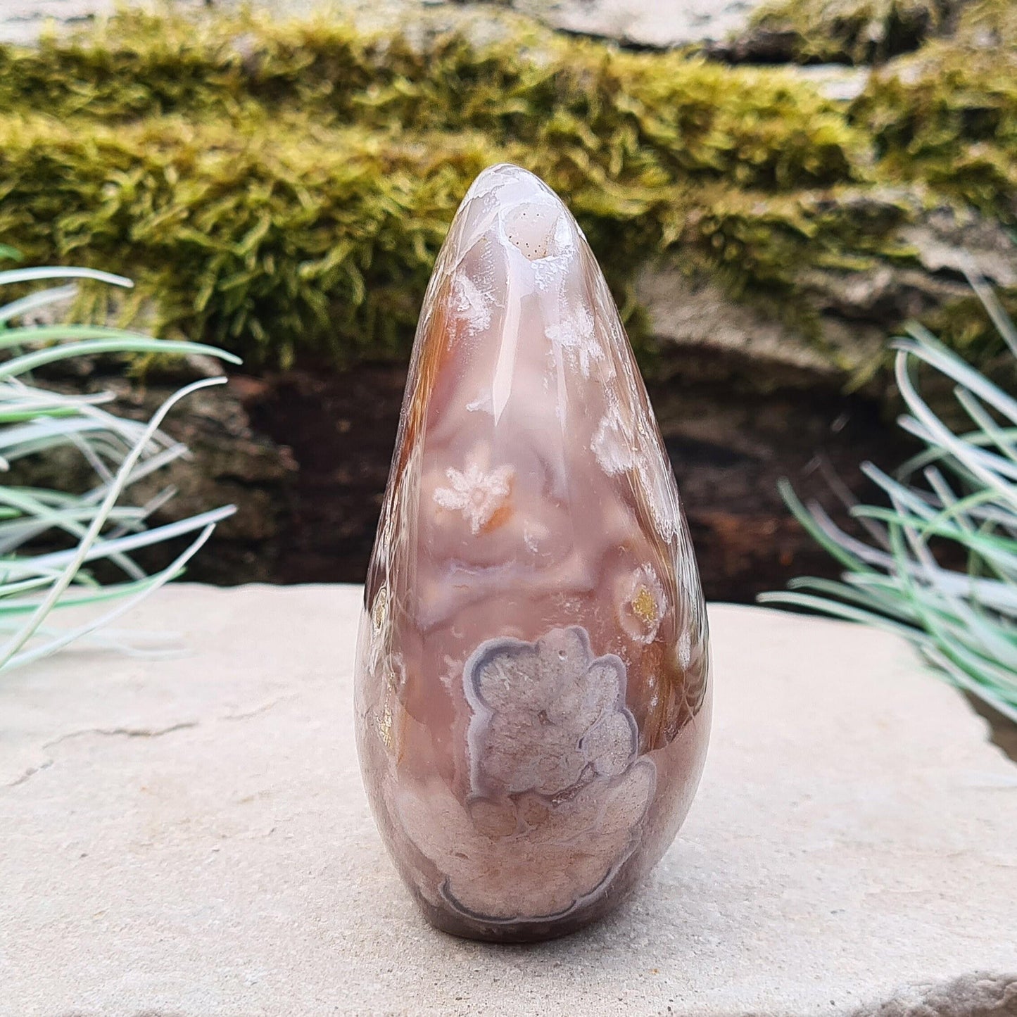 Flower Agate Crystal Free form also called Cherry Blossom Agate or Blossom Agate. A beautiful variety of Pink Chalcedony from Madagascar, featuring distinctive flower-like patterns that resemble blooming blossoms.