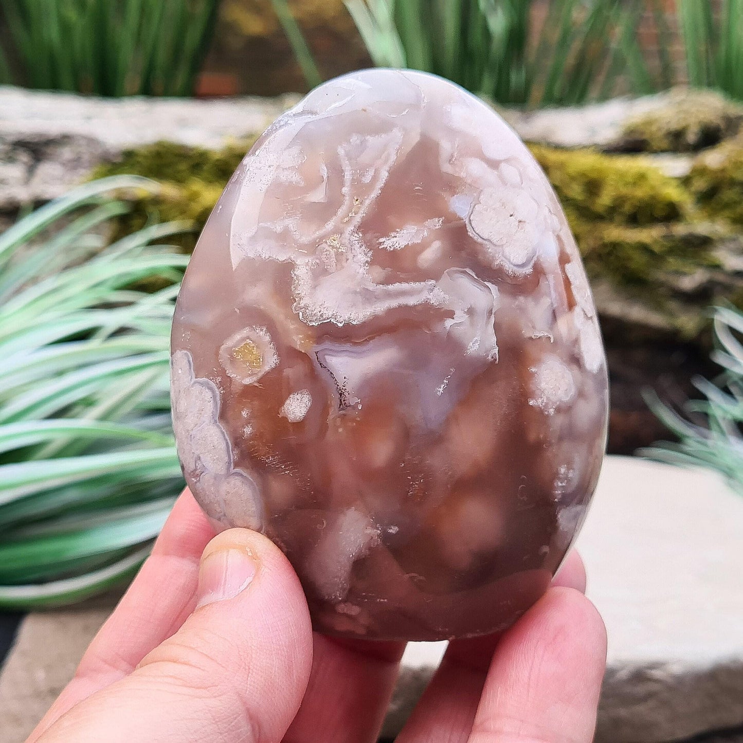 Flower Agate Crystal Free form also called Cherry Blossom Agate or Blossom Agate. A beautiful variety of Pink Chalcedony from Madagascar, featuring distinctive flower-like patterns that resemble blooming blossoms.