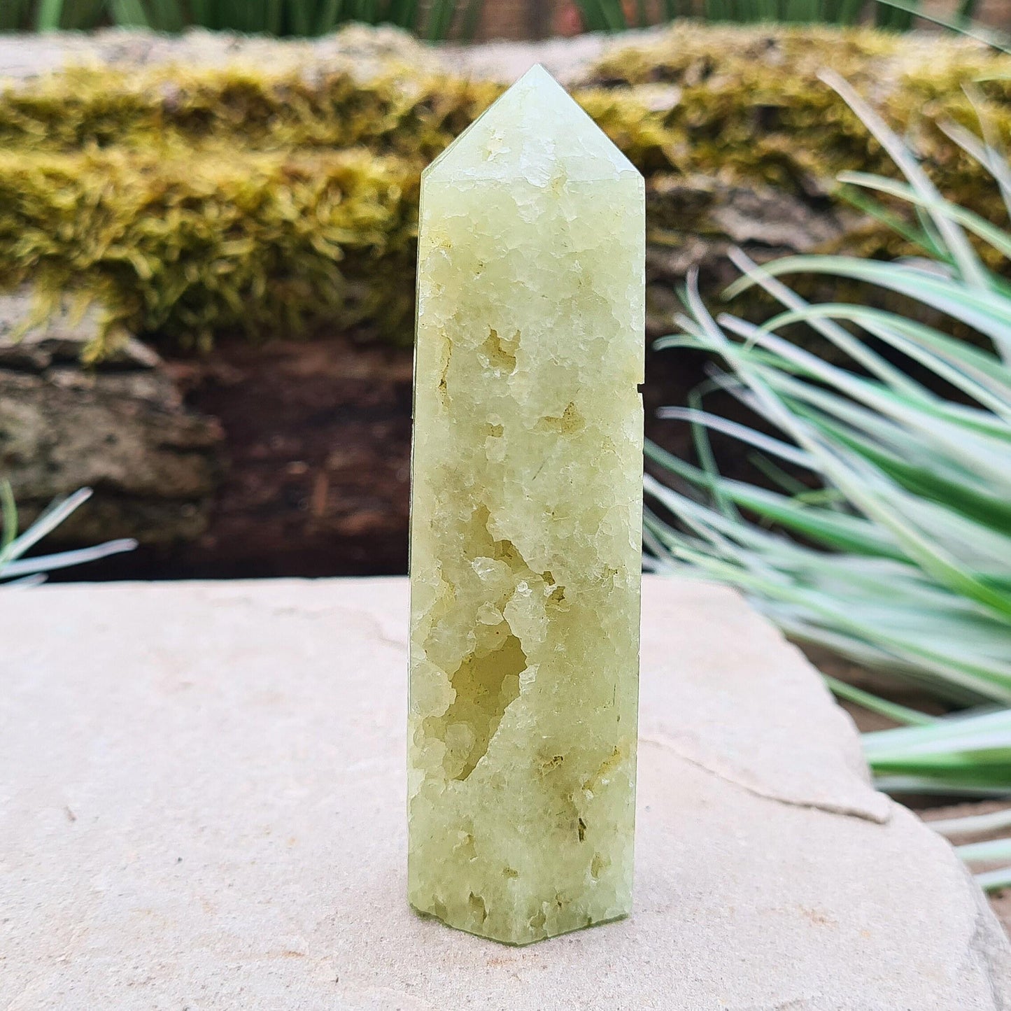 Prehnite Crystal Tower, point is a 6 sided Generator, has lovely natural cavities so you can see the crystalline structure within it. The prehnite is a lovely pale green. From Victoria, Australia.