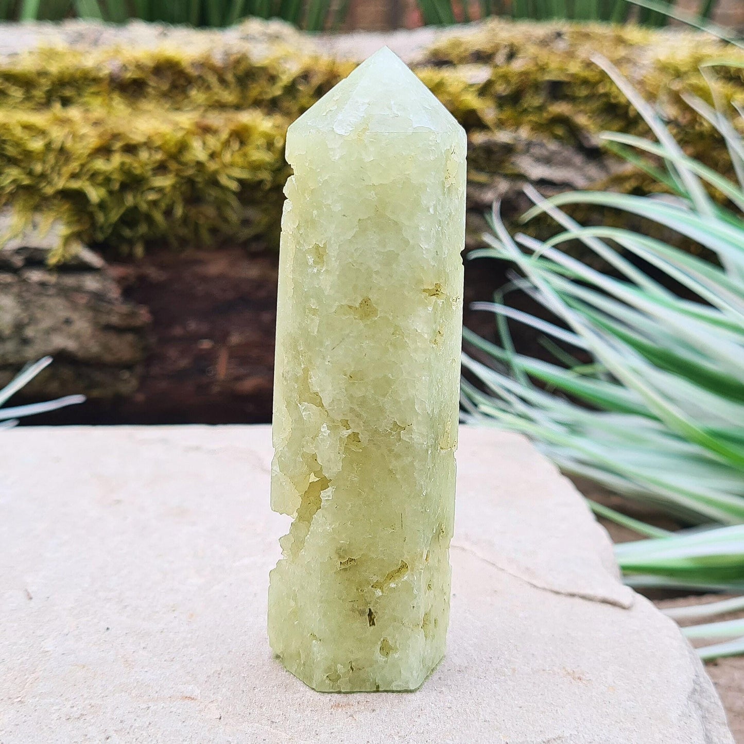 Prehnite Crystal Tower, point is a 6 sided Generator, has lovely natural cavities so you can see the crystalline structure within it. The prehnite is a lovely pale green. From Victoria, Australia.
