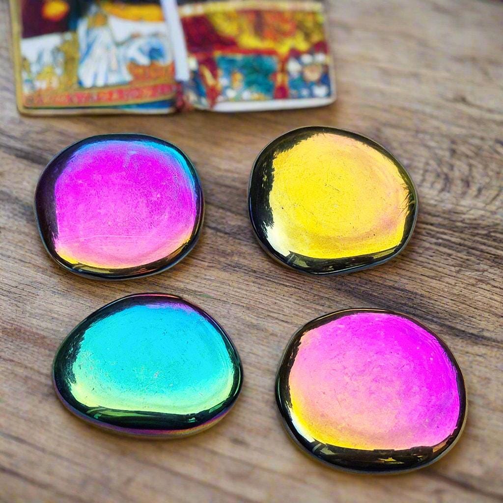 Titanium Aura Obsidian Palm Stone | Ideal To Carry With You | Small Crystal Gift