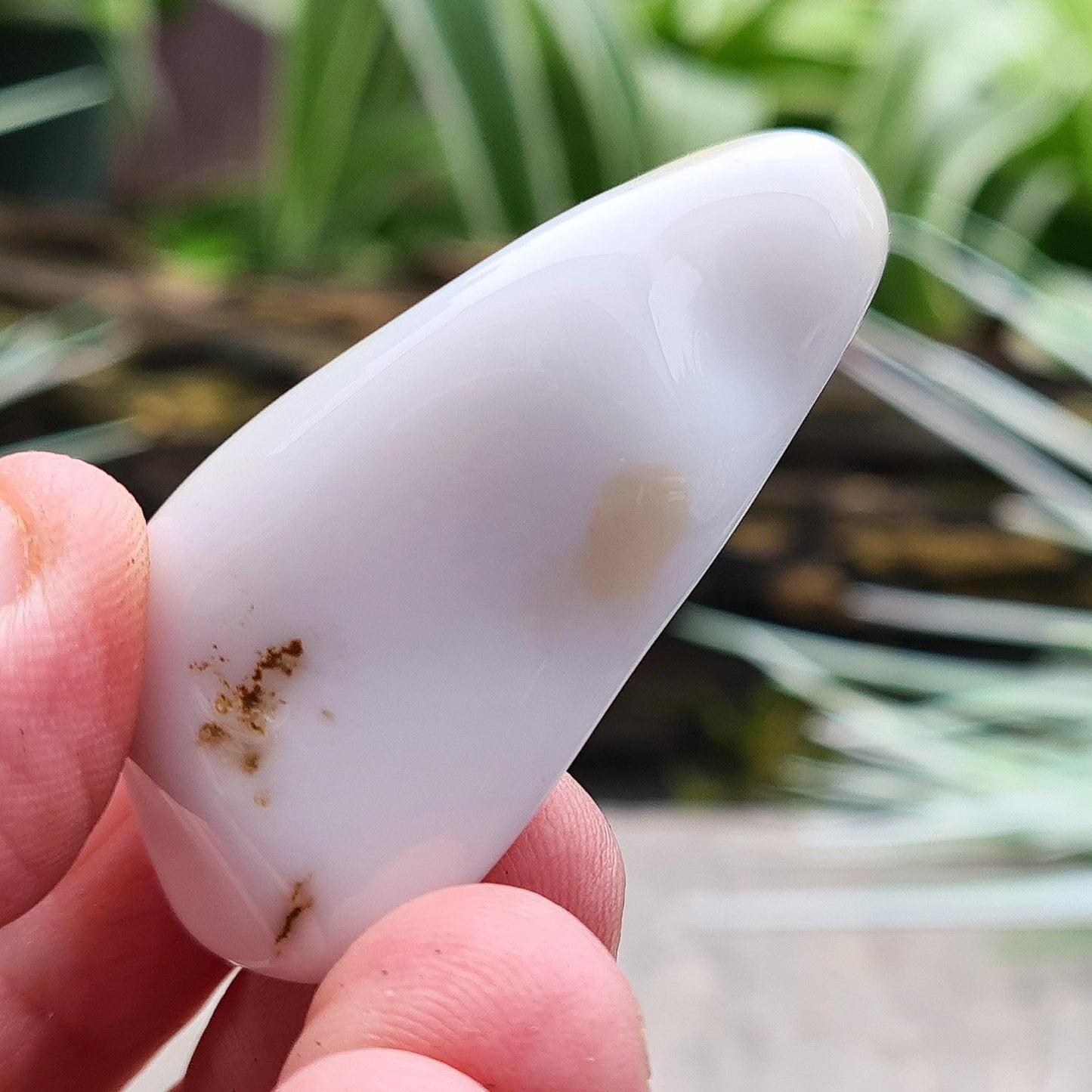 Polished Cacholong Opal crystal – a unique Czech white opal valued for its soft tones and use in peaceful, creative, and grounding spaces.