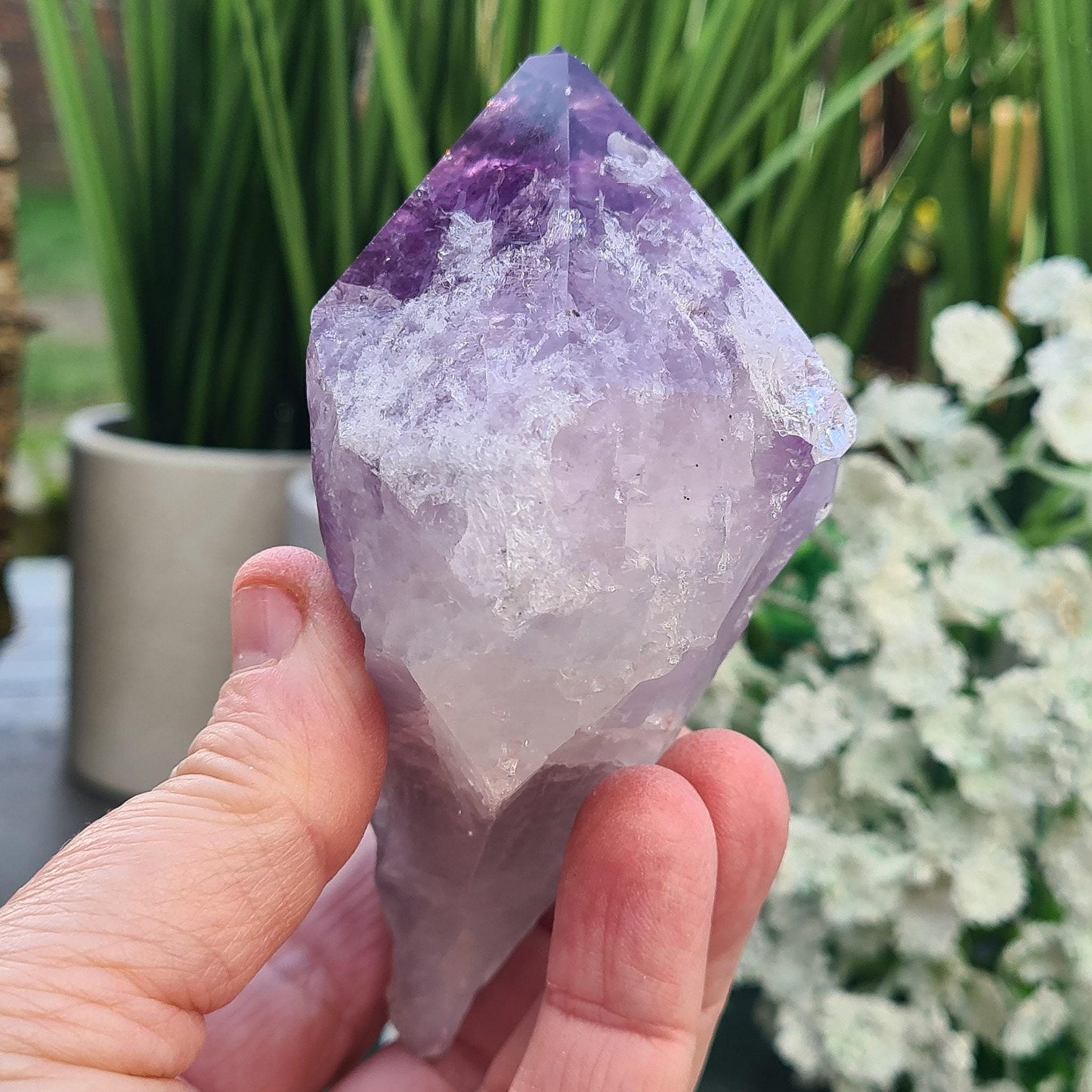 Brazilian Amethyst Point. Deep dark purple with a double polished tip and natural body. Also known as "Amethyst Teeth" or "Amethyst Root."
This crystal point offers an authentic, natural touch to any collection. Ideal for meditation, personal energy practices, or simply as a beautiful and thoughtful gift for someone who values natural beauty and spiritual connection.