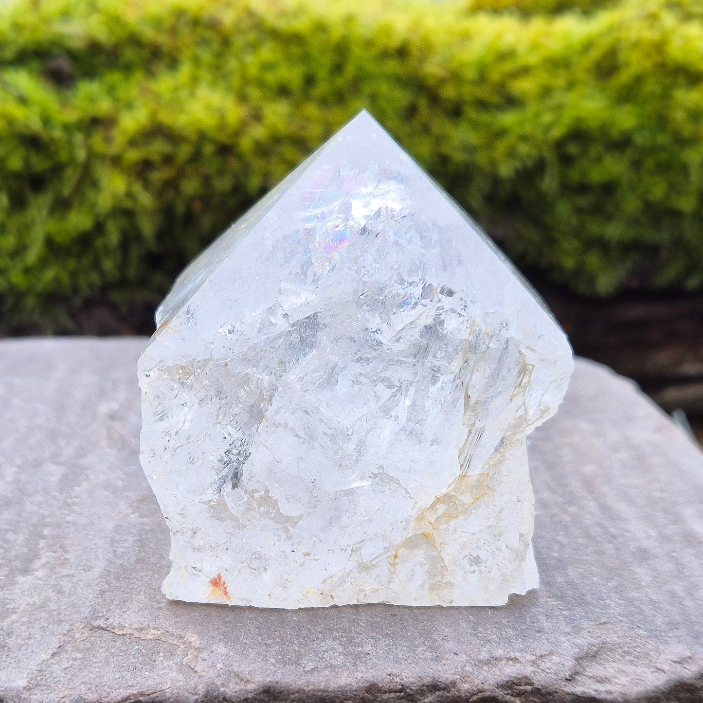 Quartz Standing Point with Rainbow Inclusion - polished Tip & Natural Sides| Home Decor and Self Care Crystal