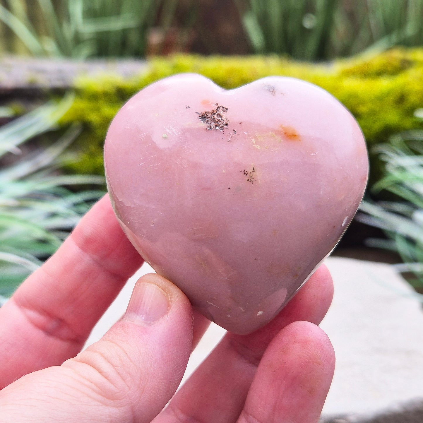 Pink Opal Crystal Heart with Dendritic inclusions, from Peru. Lovely dusky Pink colouring on one side and then on the other you can see some really lovely dendritic inclusions making this a great looking piece.