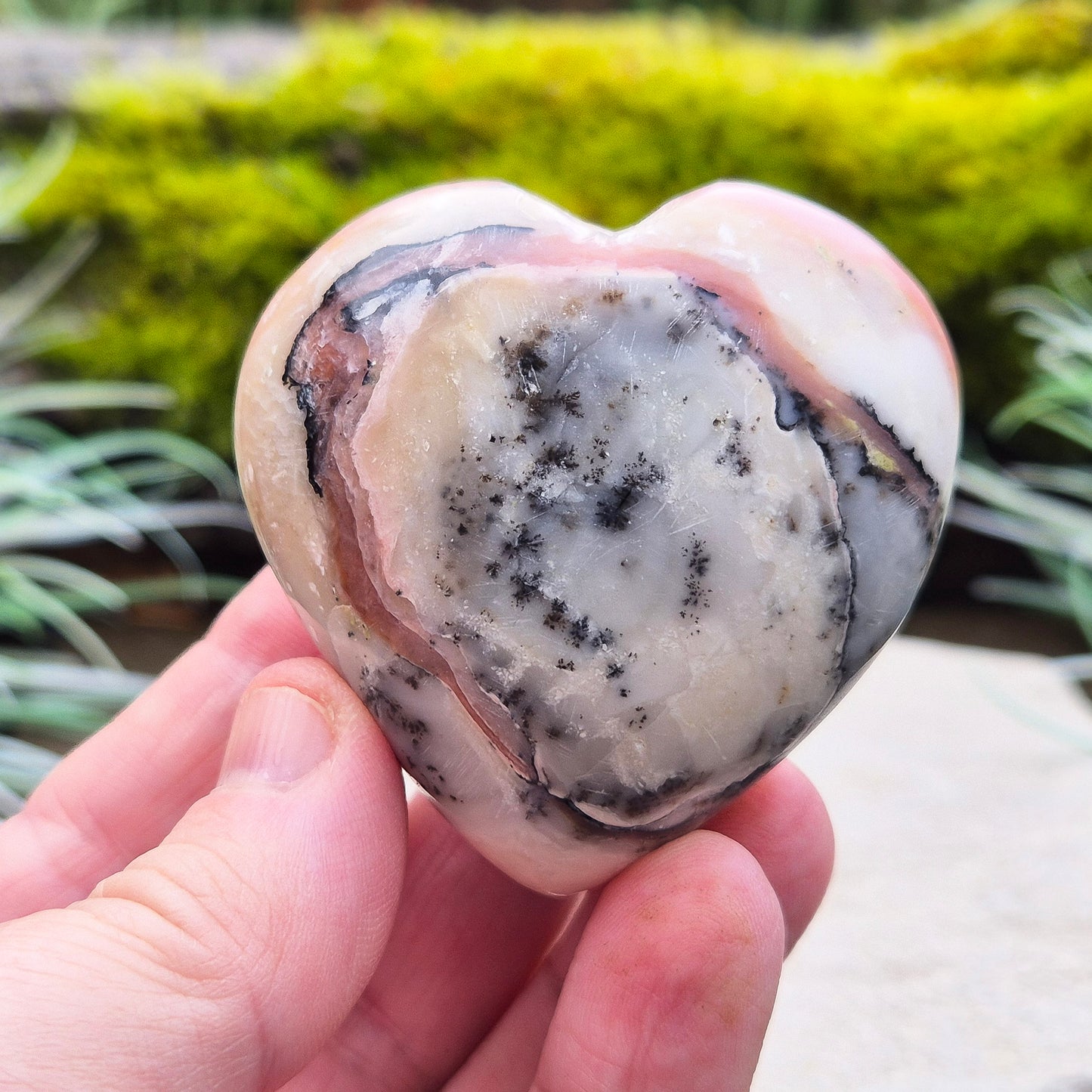 Pink Opal Crystal Heart with Dendritic Inclusions | Nurturing Energy, Meditation Aid, Gift of Comfort & Creativity