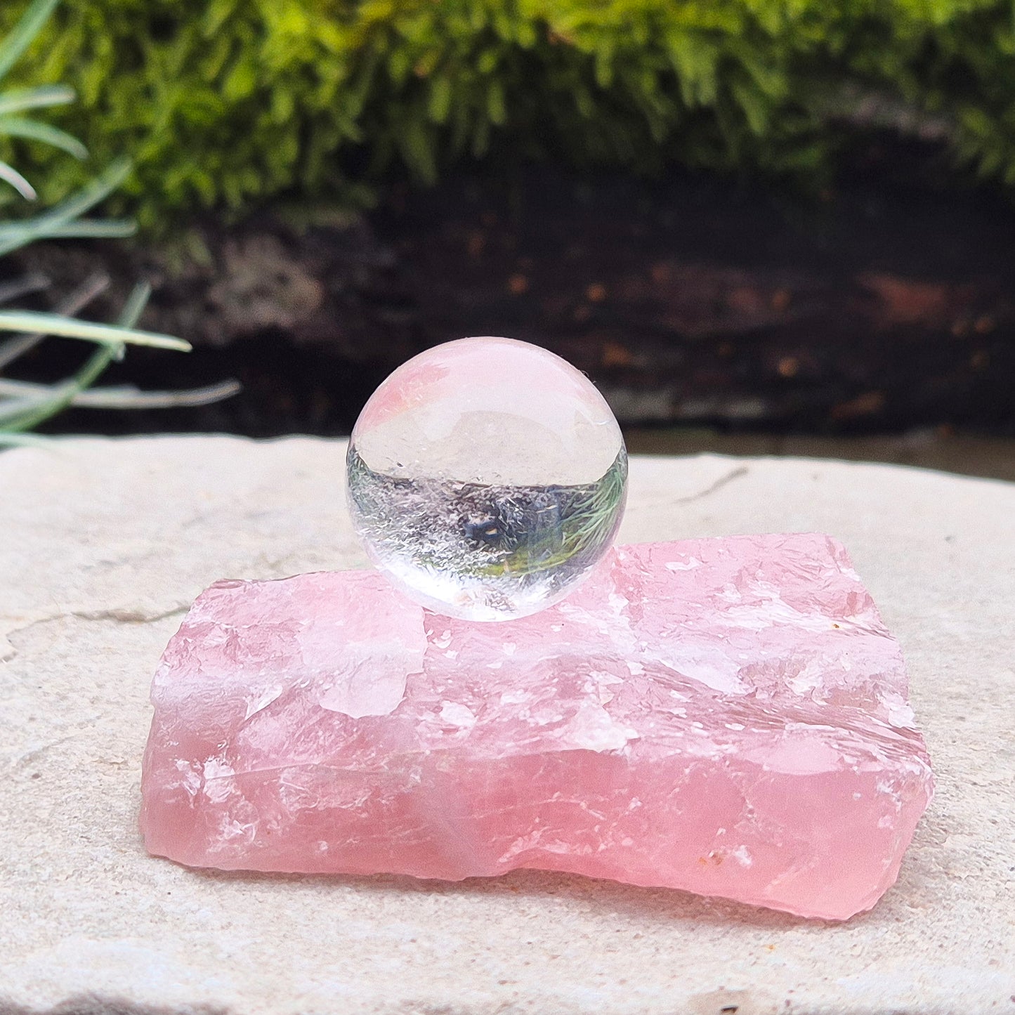 Rose Quartz Crystal Platform from South Africa. One side is left natural and the other side has been cut flat. Great for displaying other crystals and jewellry.