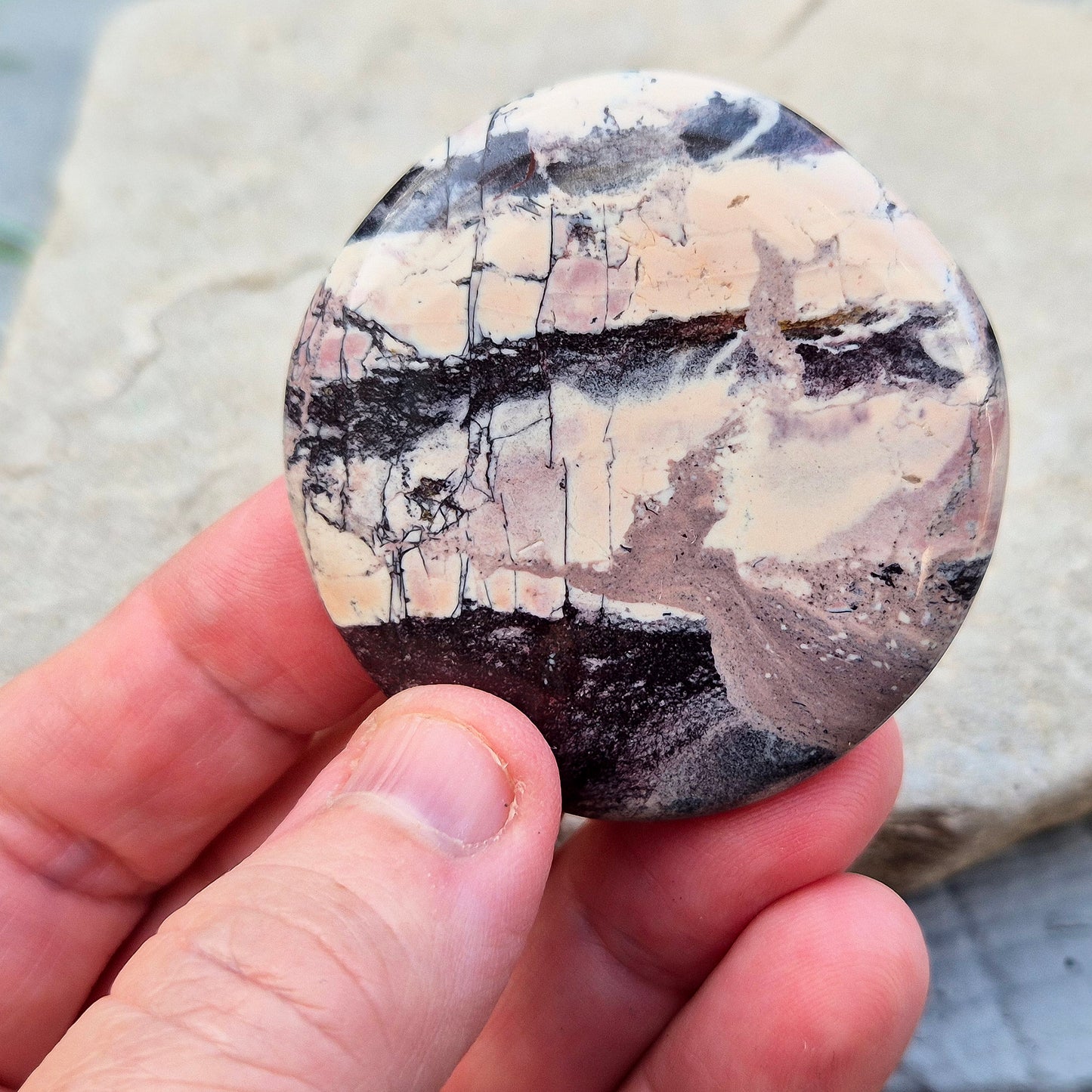Porcelain Jasper Crystal Palm Stone, Madagascar. Sometimes known as "Exotica Jasper," is a type of jasper characterized by its striking colours and patterns. Porcelain Jasper typically features a smooth, porcelain-like texture.