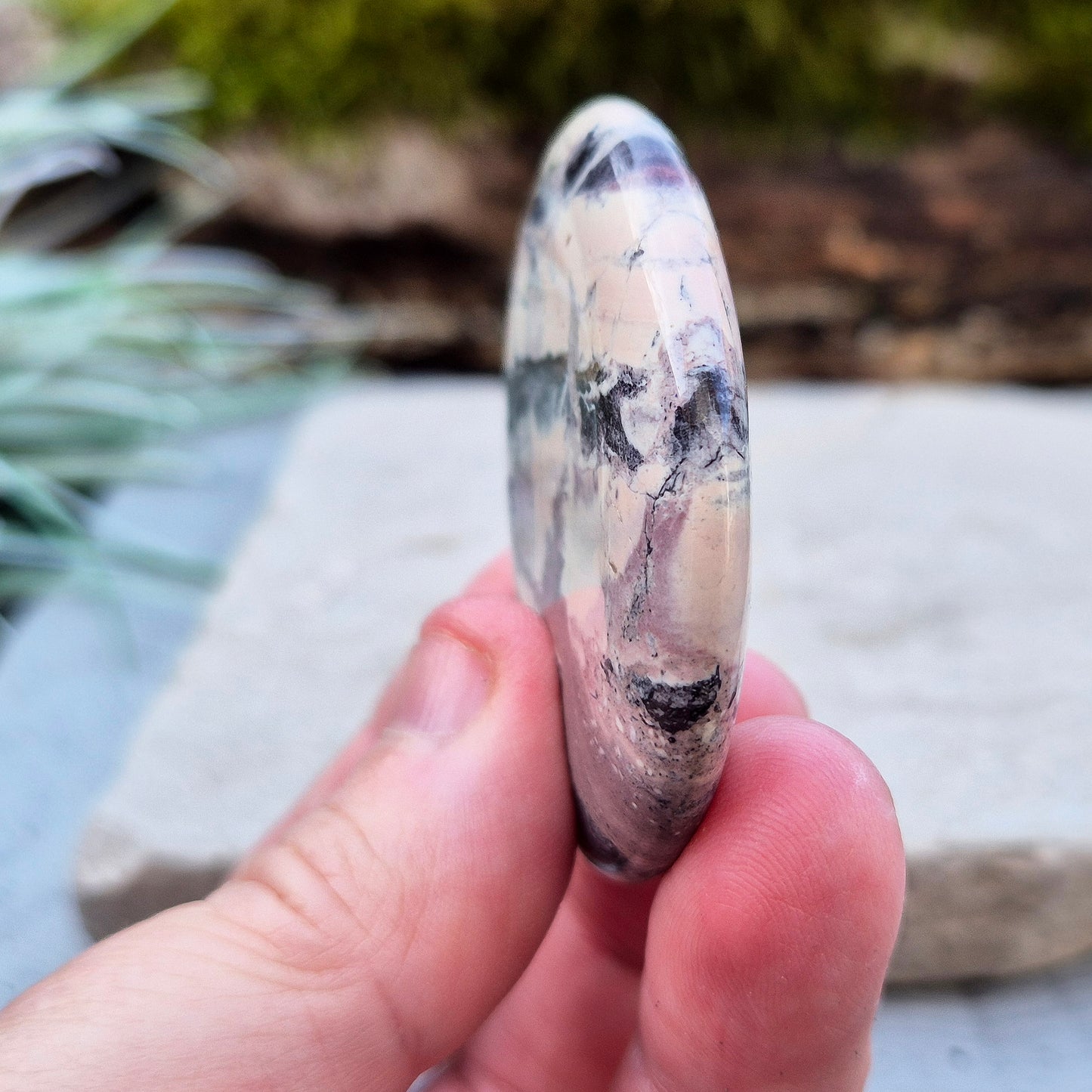 Porcelain Jasper Crystal Palm Stone, Madagascar. Sometimes known as "Exotica Jasper," is a type of jasper characterized by its striking colours and patterns. Porcelain Jasper typically features a smooth, porcelain-like texture.