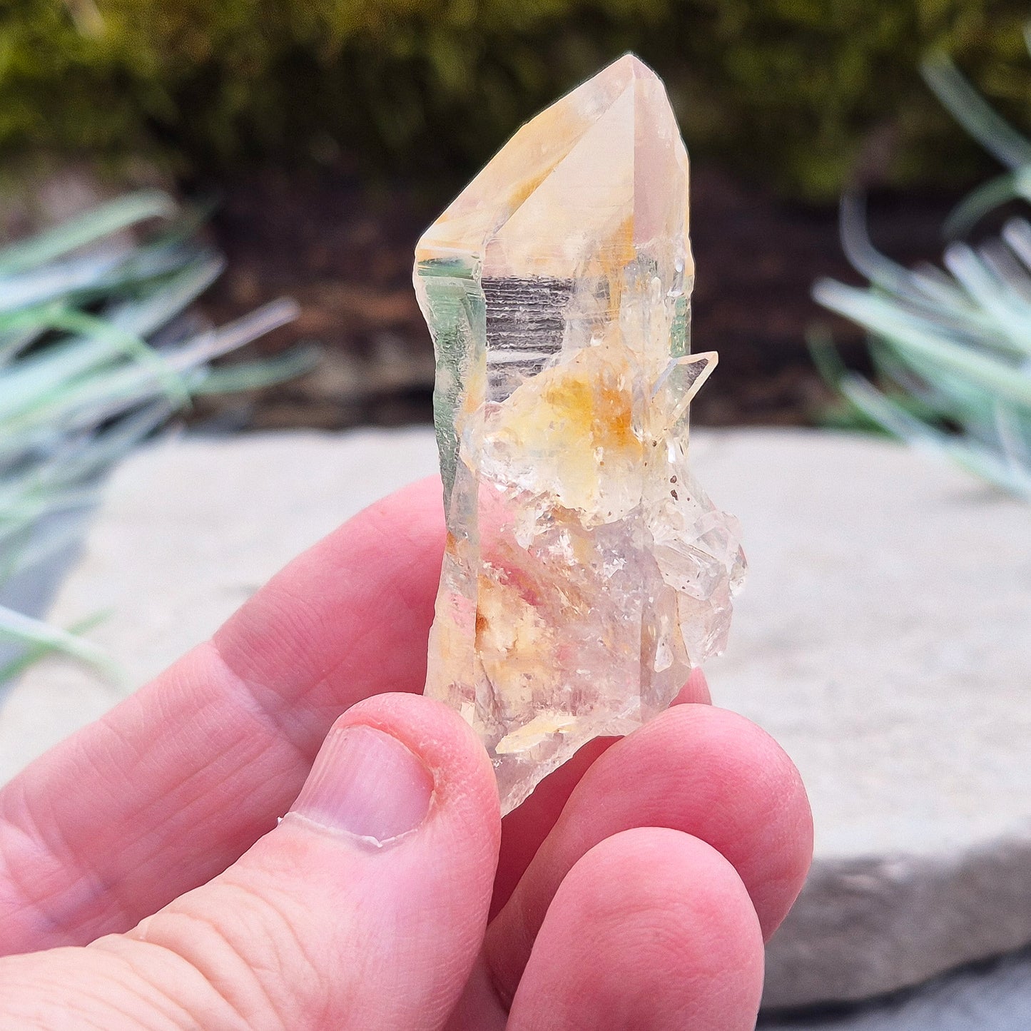 This rare Blade of Light Quartz is a striking Lemurian Quartz from the mountains of Colombia. Known for its exceptional clarity and natural brilliance, this piece features a point that has a few smaller crystals growing out of/into it.