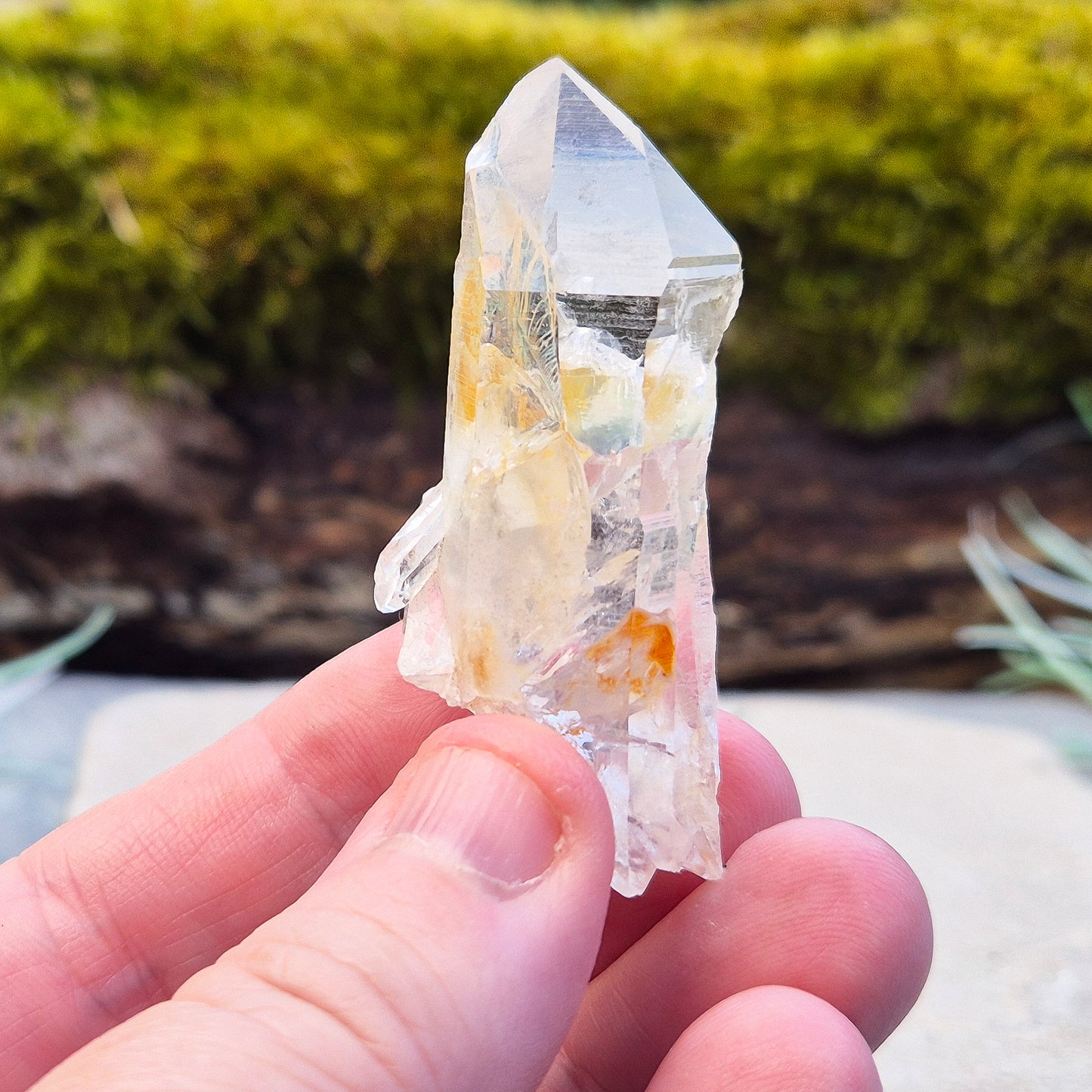 This rare Blade of Light Quartz is a striking Lemurian Quartz from the mountains of Colombia. Known for its exceptional clarity and natural brilliance, this piece features a point that has a few smaller crystals growing out of/into it.