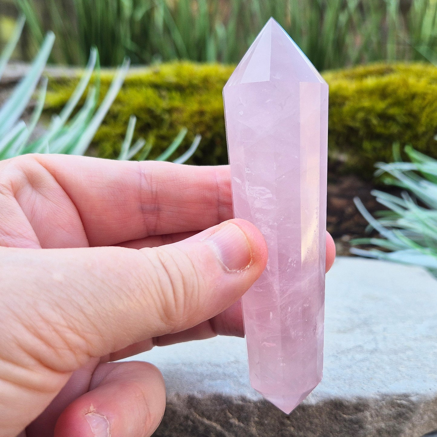 Rose Quartz Double Terminated Vogel Cut Wand from Brazil. Lovely pale pink colouring. 12 sided. One larger end, and one smaller end.