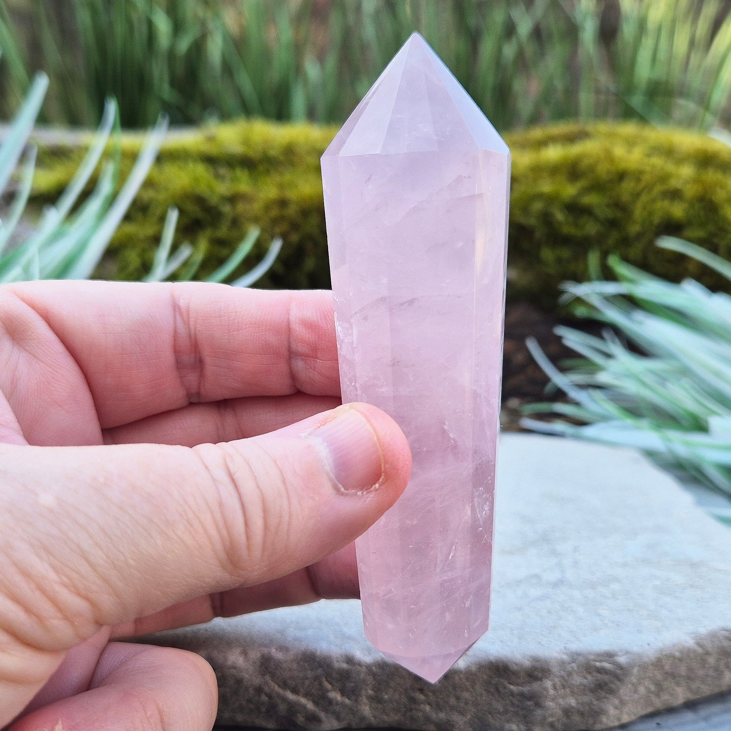 Rose Quartz Double Terminated Vogel Cut Wand from Brazil. Lovely pale pink colouring. 12 sided. One larger end, and one smaller end.