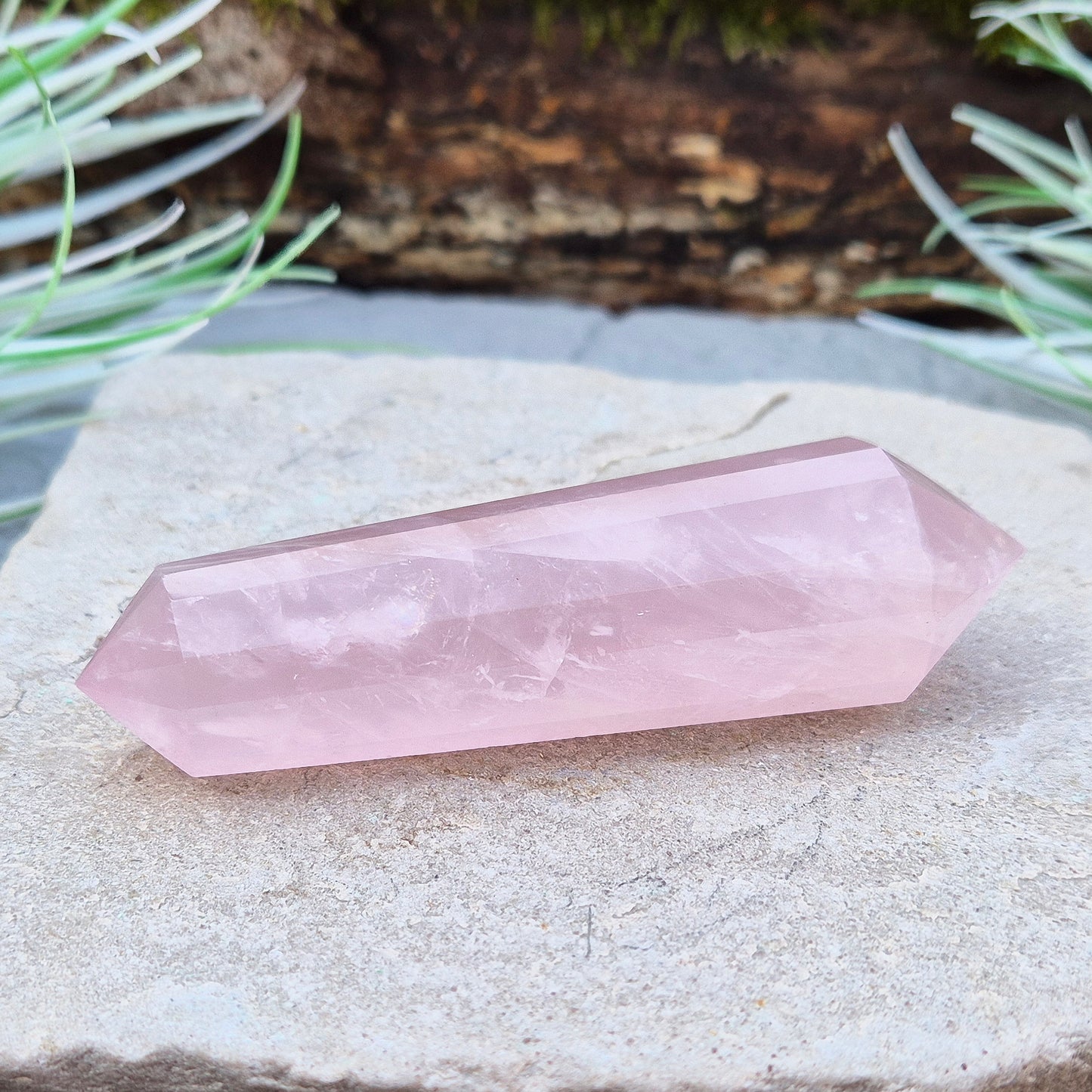 Rose Quartz Double Terminated Vogel Cut Wand from Brazil. Lovely pale pink colouring. 12 sided. One larger end, and one smaller end.