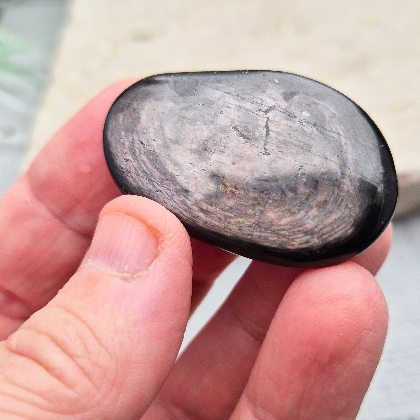 Violet Hypersthene Palm Stone. Hypersthene is a rare, beautiful stone with deep, velvety violet hues that shimmer in the light. Sourced from Quebec’s Labrador Trough in Canada