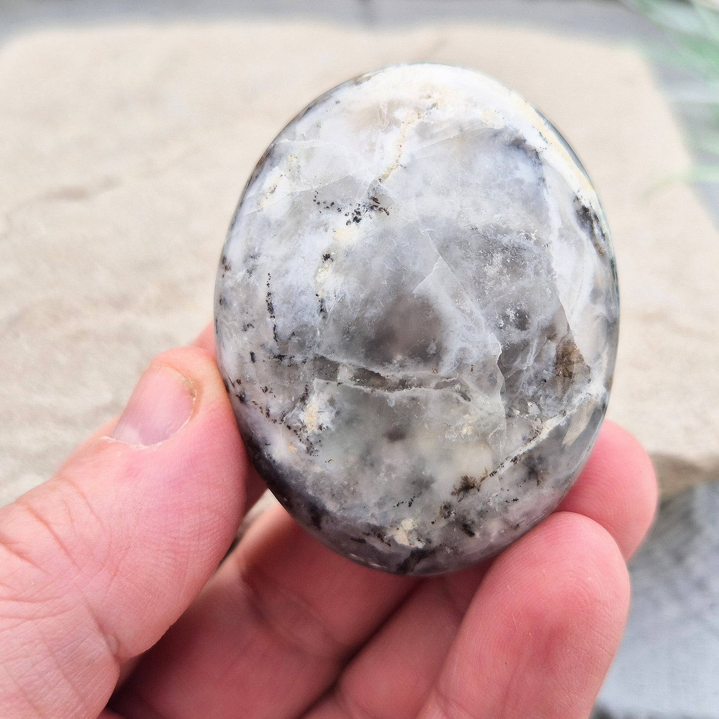 This beautiful Dendritic Opal palm stone features a stunning natural blend of milky white opal with delicate dendritic inclusions. Polished and shaped to fit comfortably in your hand,