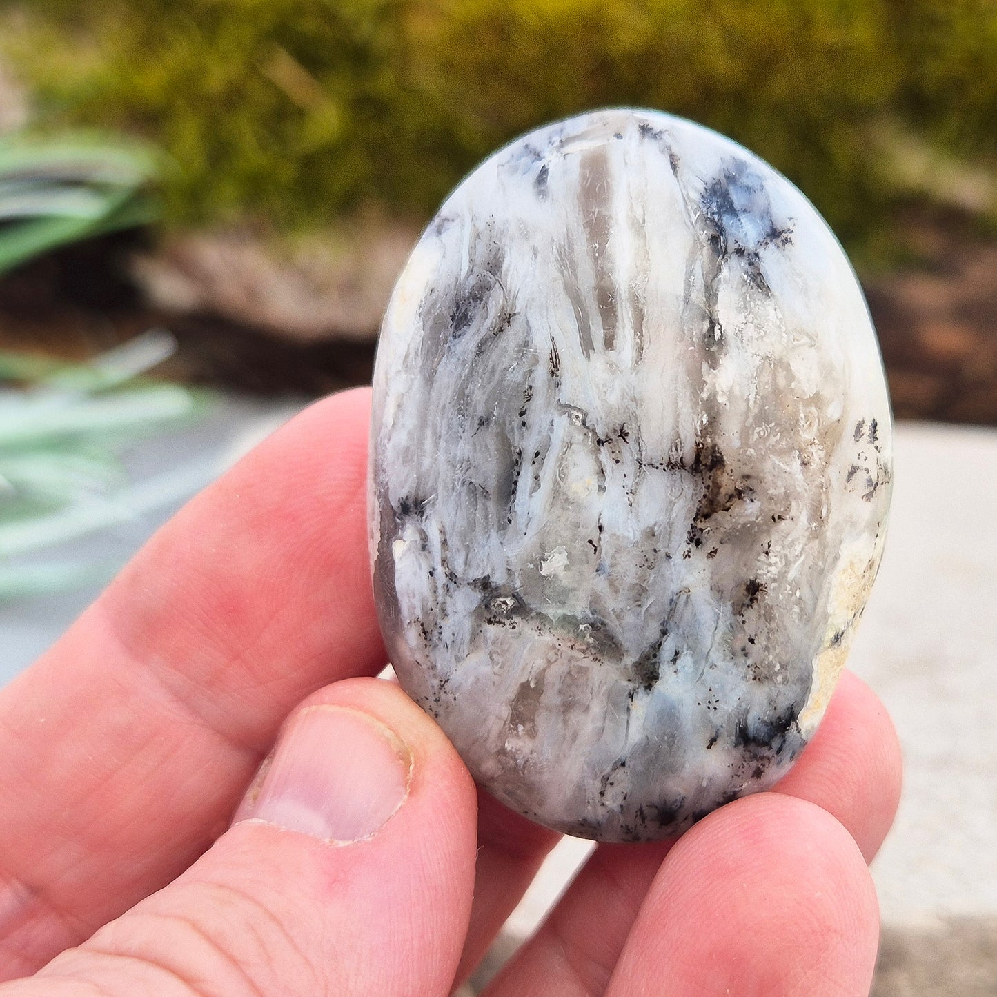 Shop Dendritic Opal Palm Stones for grounding, intuition, and spiritual growth. Handcrafted, polished, and energy-cleansed crystals from Madagascar.