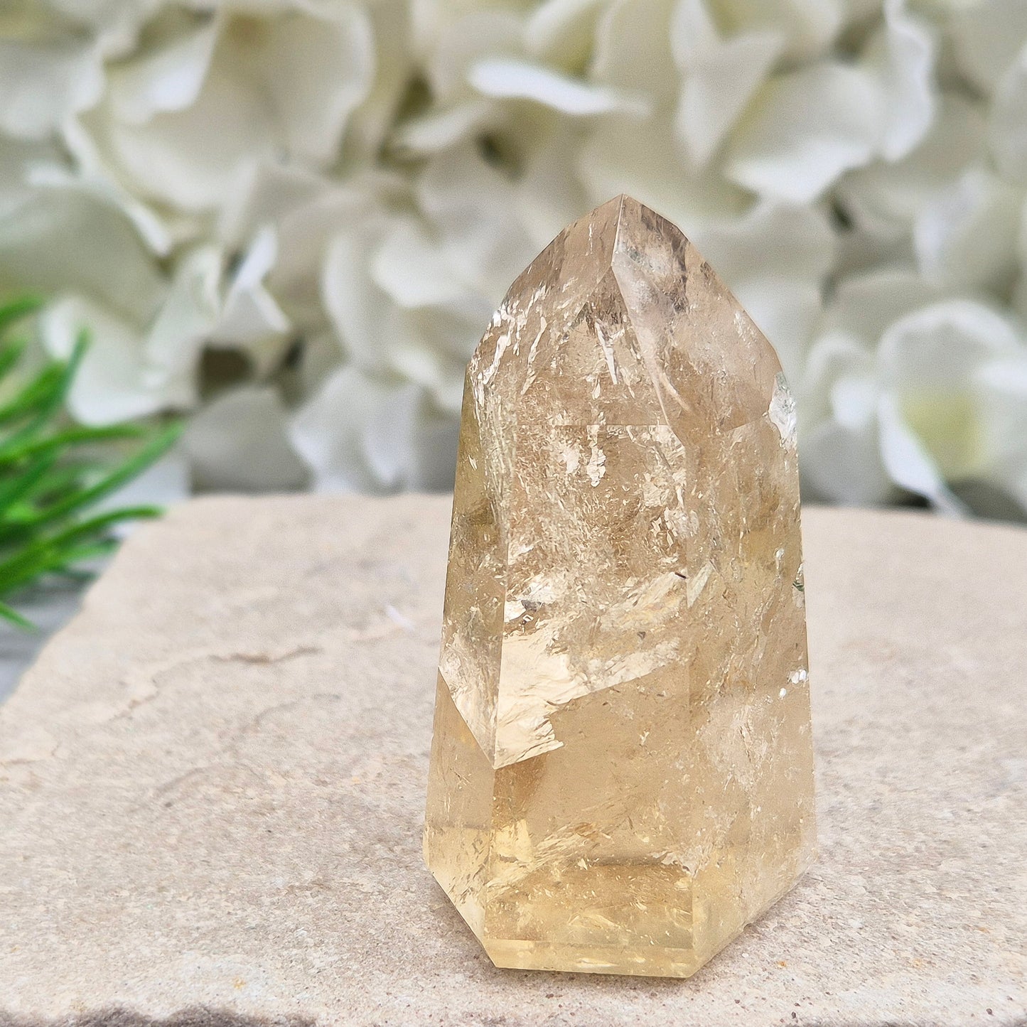 Natural Untreated polished Citrine Point sourced and polished in Brazil. Wonderful light honey citrine colour with light reflecting inclusions and a natural fissure at the back.
