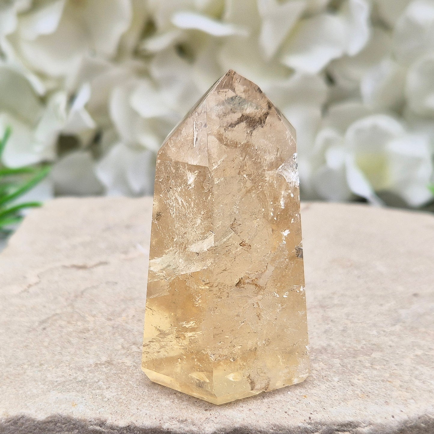 Natural Untreated polished Citrine Point sourced and polished in Brazil. Wonderful light honey citrine colour with light reflecting inclusions and a natural fissure at the back.