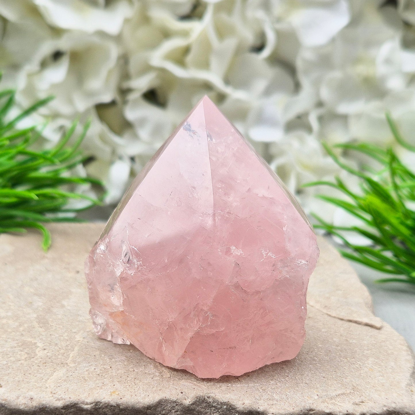 Rose Quartz Crystal Standing Point. This beautiful Rose Quartz standing point comes from Brazil and features a soft, pale pink hue. The polished point and flat, polished base give it a clean, elegant look, while the rest of the crystal remains in its natural form.