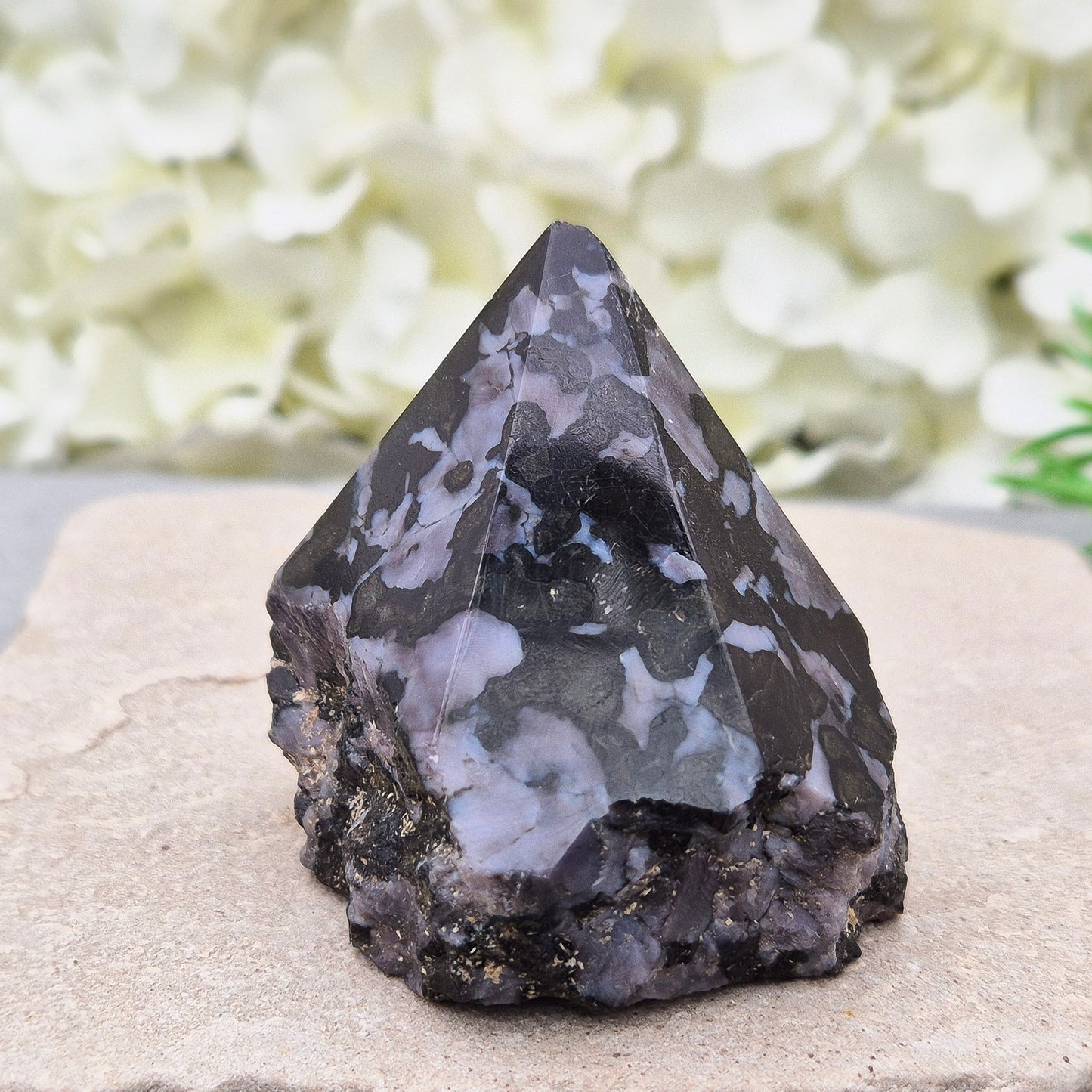 Indigo Gabbro Crystal Point (Mystic Merlinite) from Madagascar. This Indigo Gabbro point features a mix of dark black and deep purple colours. The top is polished, the base cut flat, and the sides left natural.