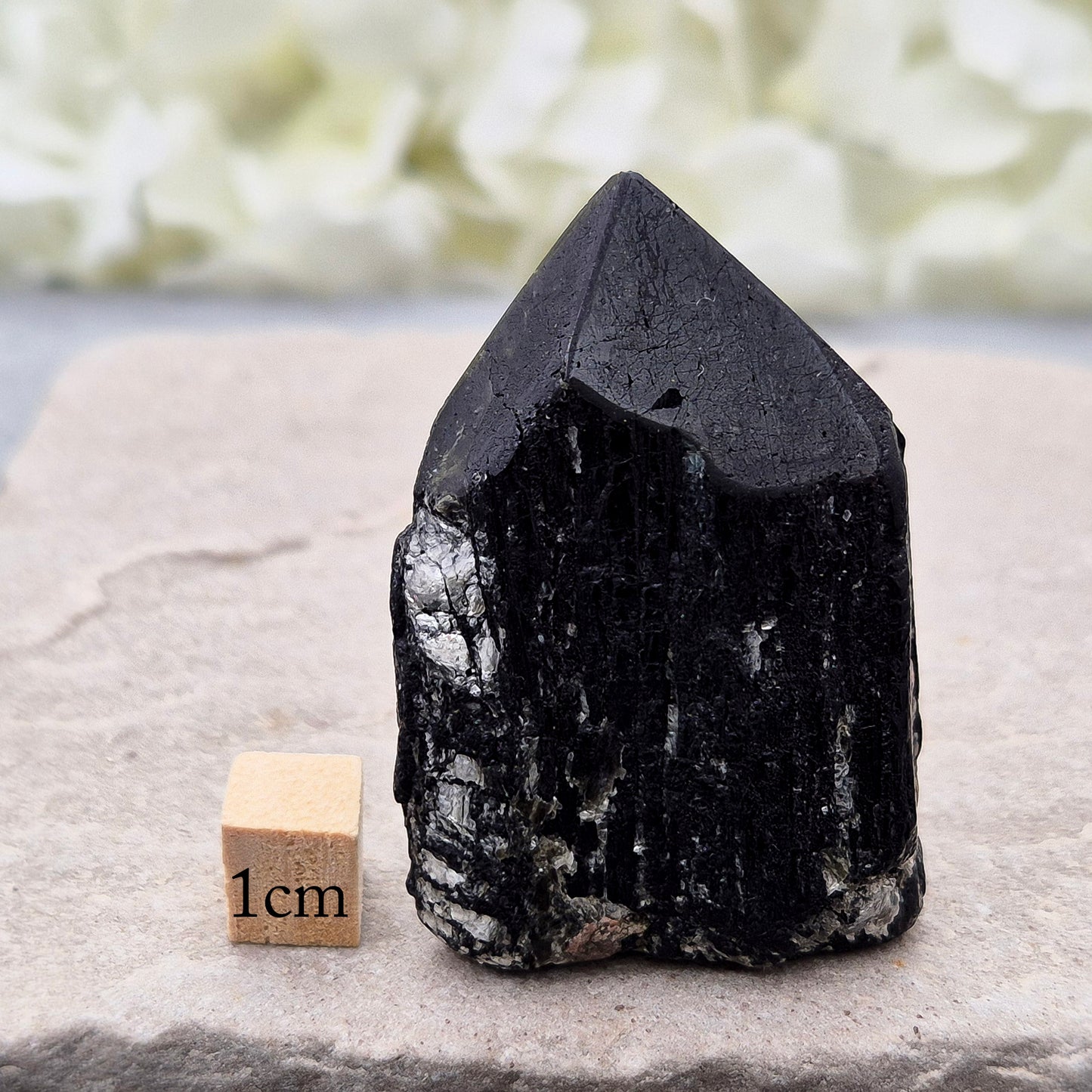 Black Tourmaline point from Brazil, which has polished tip, natural sides and cut flatbase. Contains quite a few sparkly Mica inclusions. A perfect piece for anyone needing strong protection, energetic clarity, and emotional strength.