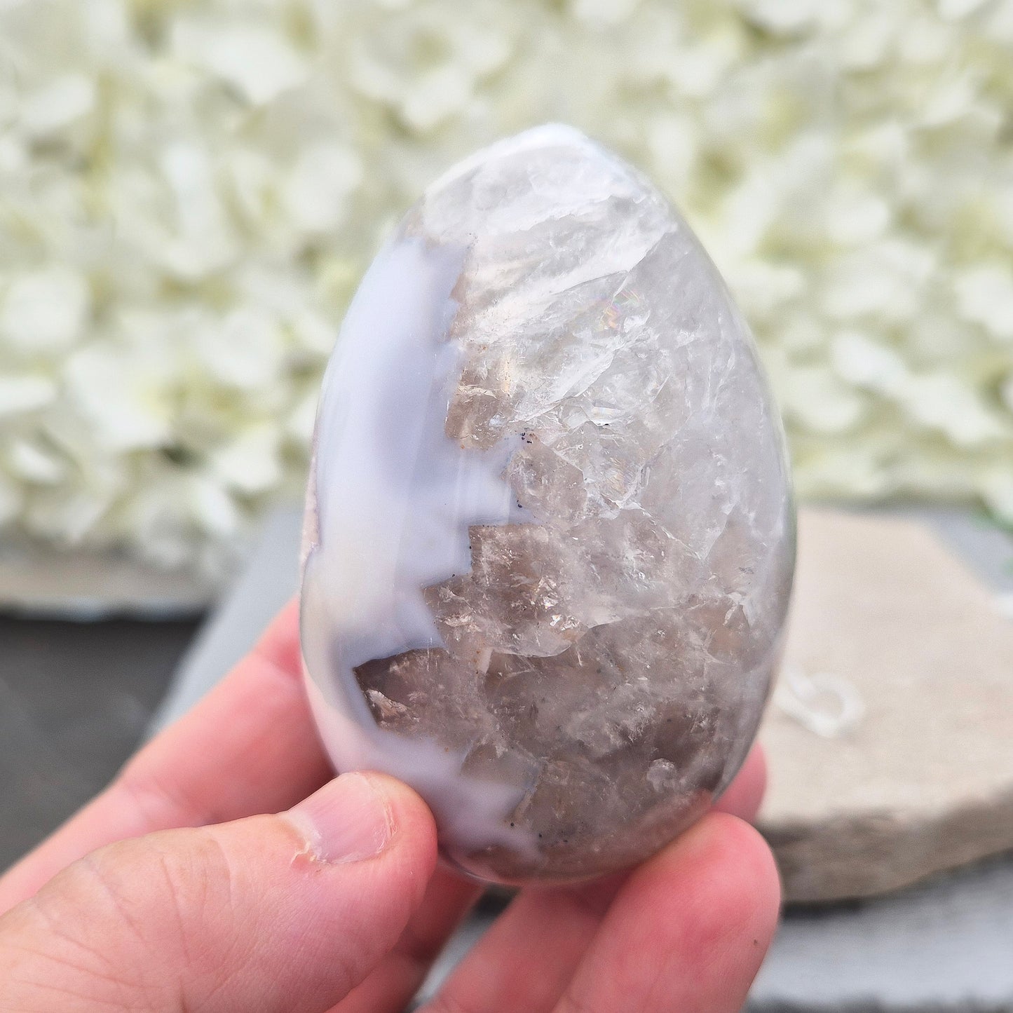 Druzy Agate Egg, Polished | Calming Energy & Gentle Emotional Support | Fabulous Display Piece | Stand Included