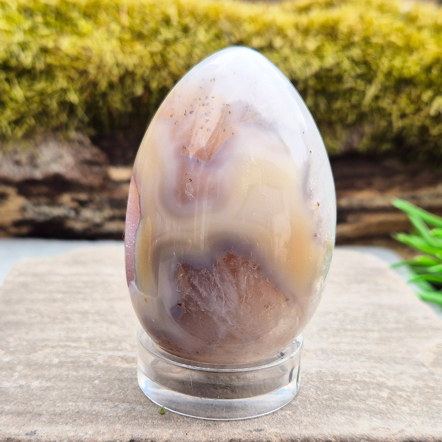 This beautiful Druzy Agate egg from Brazil is polished and showcases a sparkling pocket of natural druzy crystals in the middle of it. It comes with a clear acrylic stand, making it a lovely addition to any space or crystal shelf. Its soft, steady energy brings emotional calm, grounding, and quiet strength.