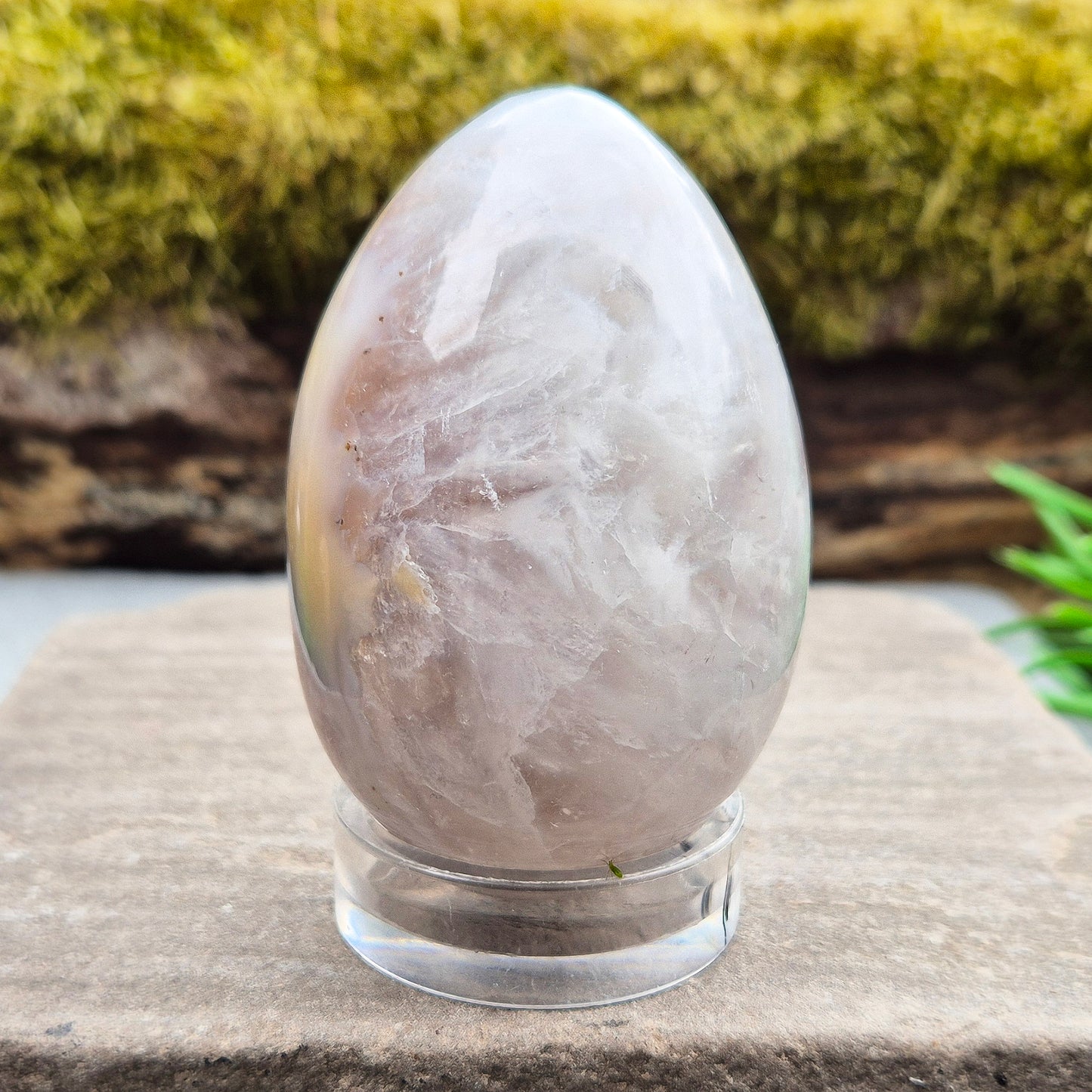 This beautiful Druzy Agate egg from Brazil is polished and showcases a sparkling pocket of natural druzy crystals in the middle of it. It comes with a clear acrylic stand, making it a lovely addition to any space or crystal shelf. Its soft, steady energy brings emotional calm, grounding, and quiet strength.