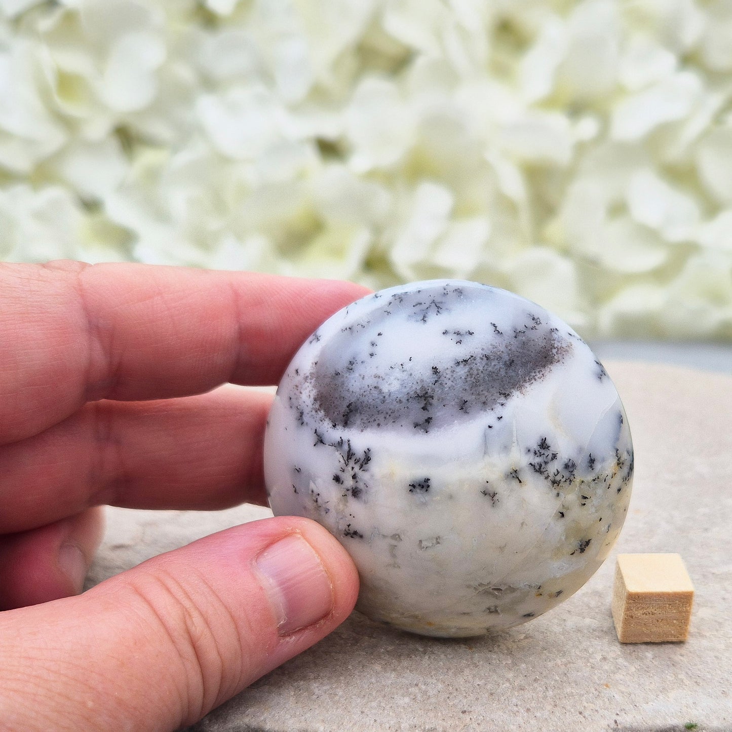 This stunning Merlinite galet from Madagascar features soft off-white and grey colouring with black dendritic (fern-like) inclusions of Psilomelane. Its polished, circular shape makes it a perfect tactile piece for meditation and spiritual work.