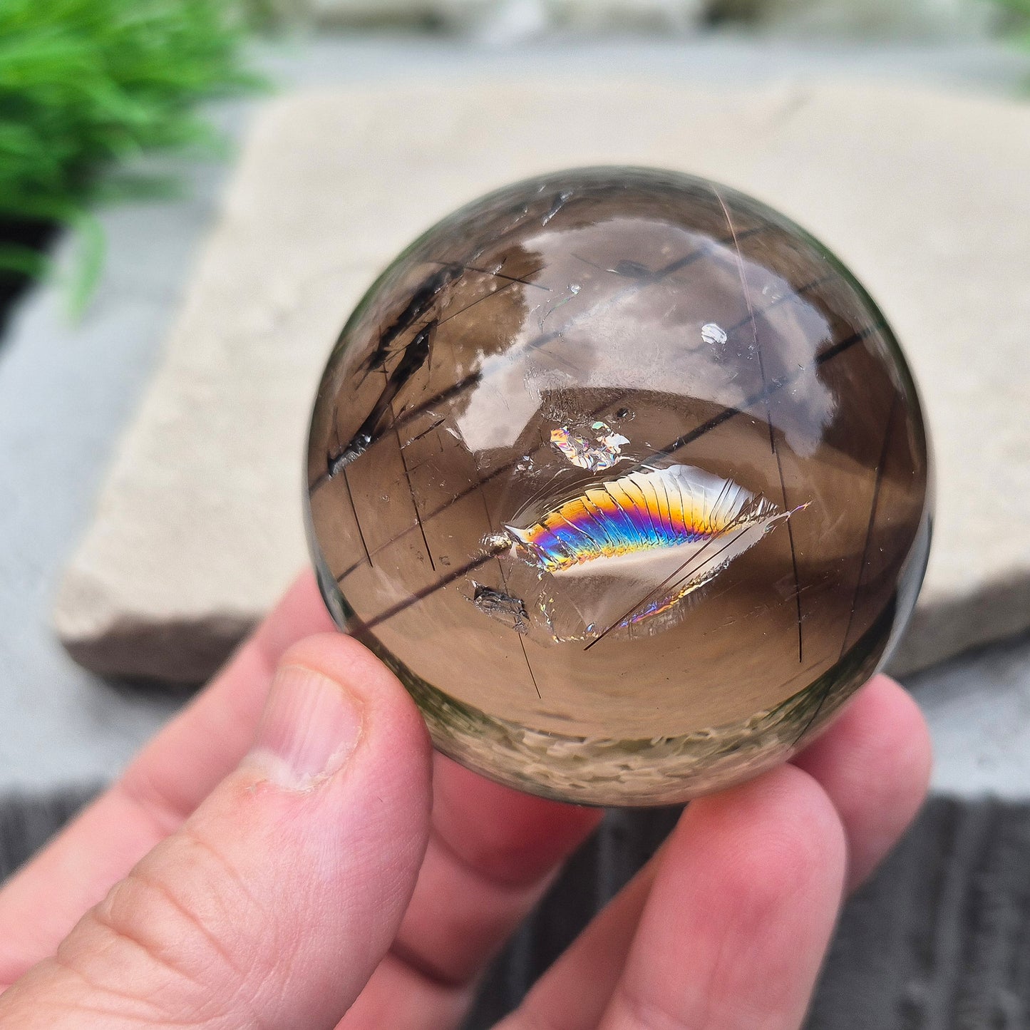 Smoky Quartz Crystal Sphere with Copper Red Rutile & Rainbow | Energise Mind, Body & Spirit