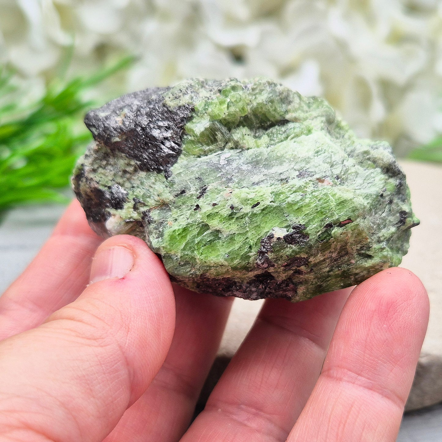 This truly rare natural green tremolite comes straight from the renowned Merelani Hills of Tanzania — the same region that gave us Tanzanite. It’s a stone of gentle energetic awakening, with soft green blades of tremolite.
