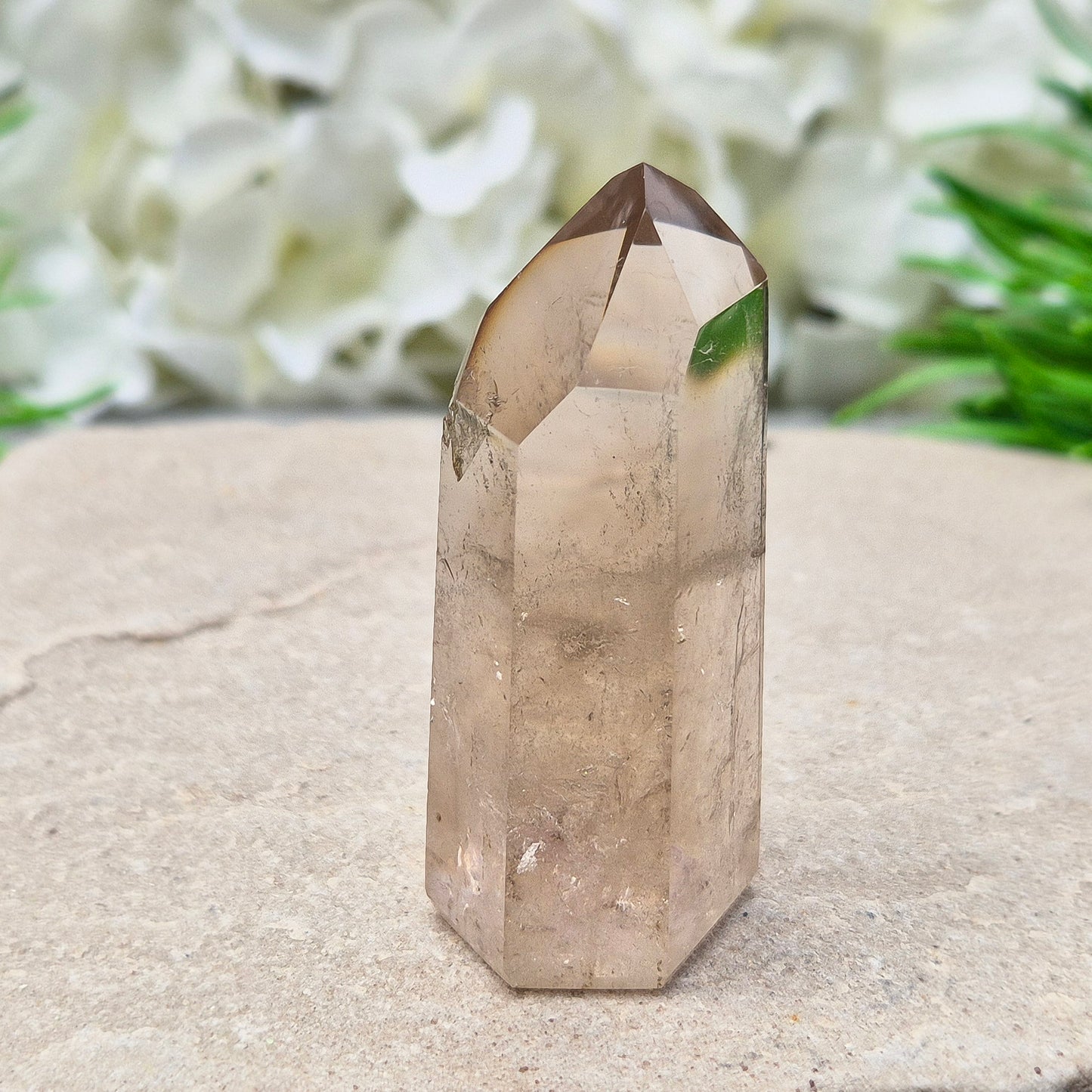 This polished Smoky Quartz point from Brazil features a light brown tone with subtle, light-reflecting inclusions. It’s not heat-treated — this is genuine, naturally formed Smoky Quartz.