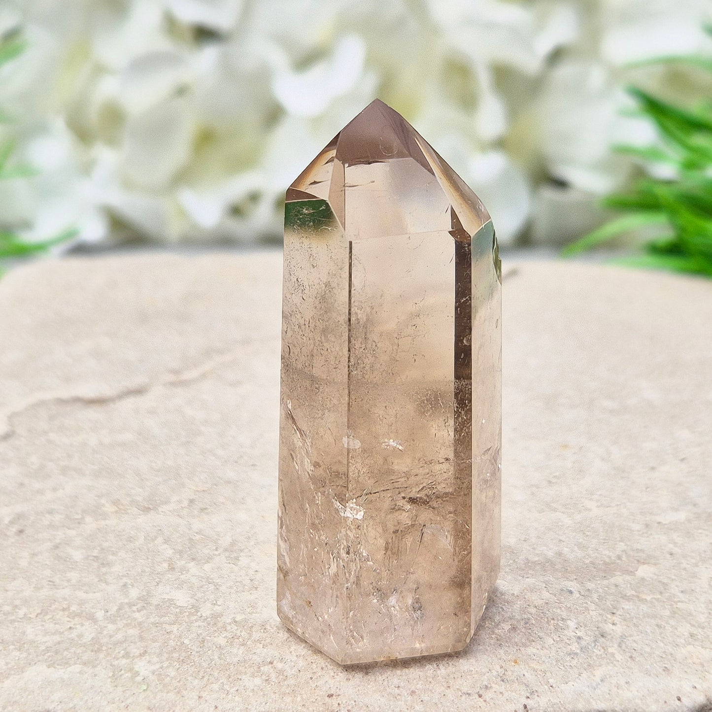 This polished Smoky Quartz point from Brazil features a light brown tone with subtle, light-reflecting inclusions. It’s not heat-treated — this is genuine, naturally formed Smoky Quartz.