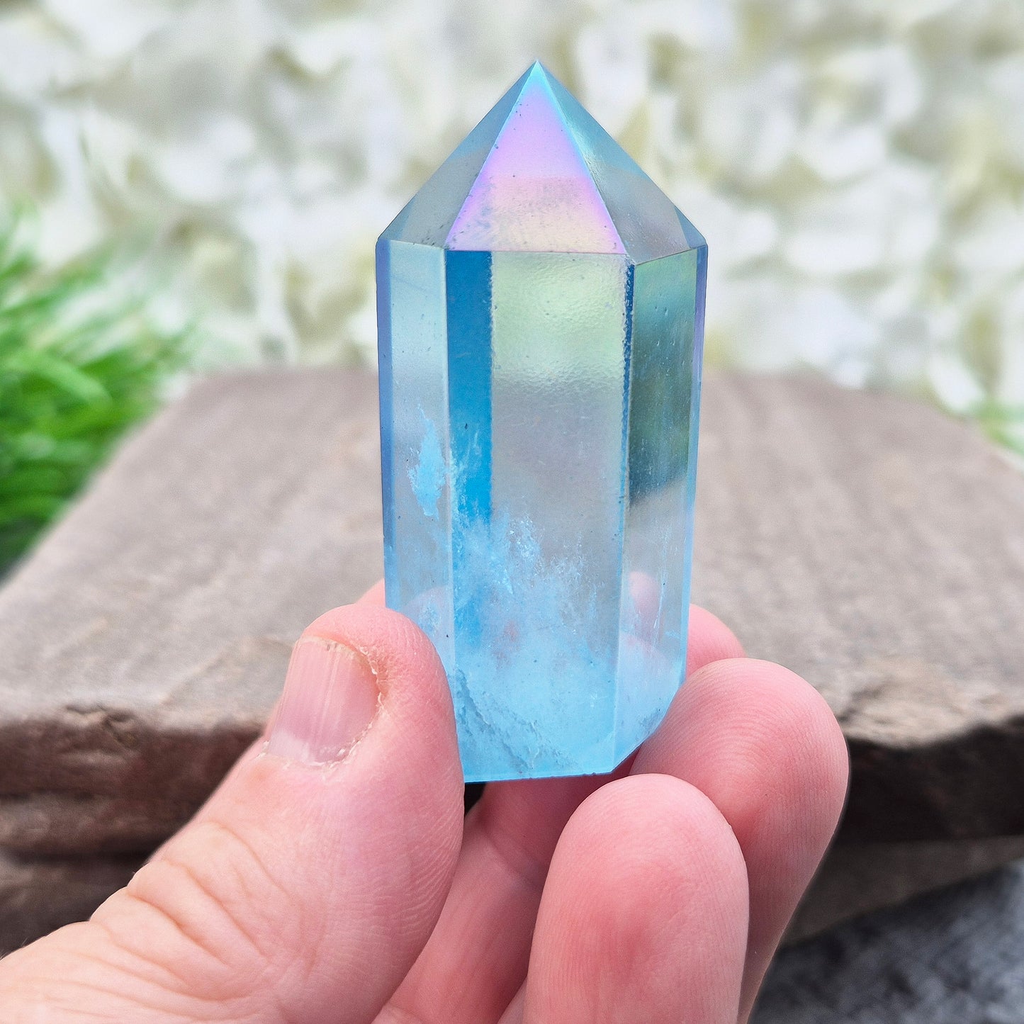 Aqua Aura Quartz Crystal | Self Standing Crystal Generator Point | Supports calm, creativity and clear communication