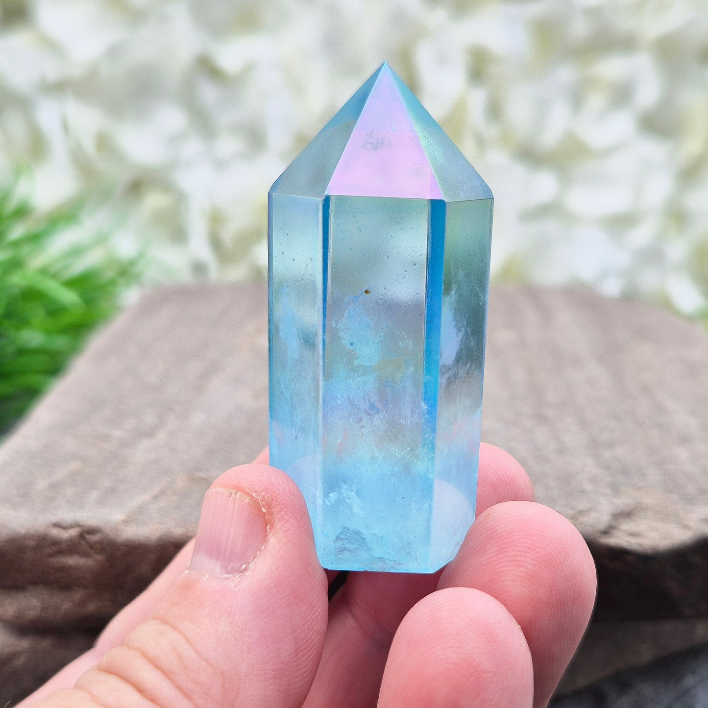 Aqua Aura Quartz Crystal | Self Standing Crystal Generator Point | Supports calm, creativity and clear communication