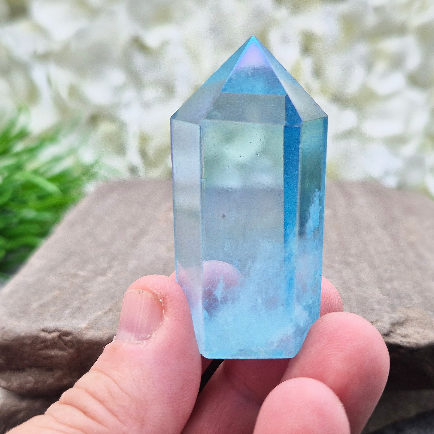 Aqua Aura Quartz Crystal | Self Standing Crystal Generator Point | Supports calm, creativity and clear communication